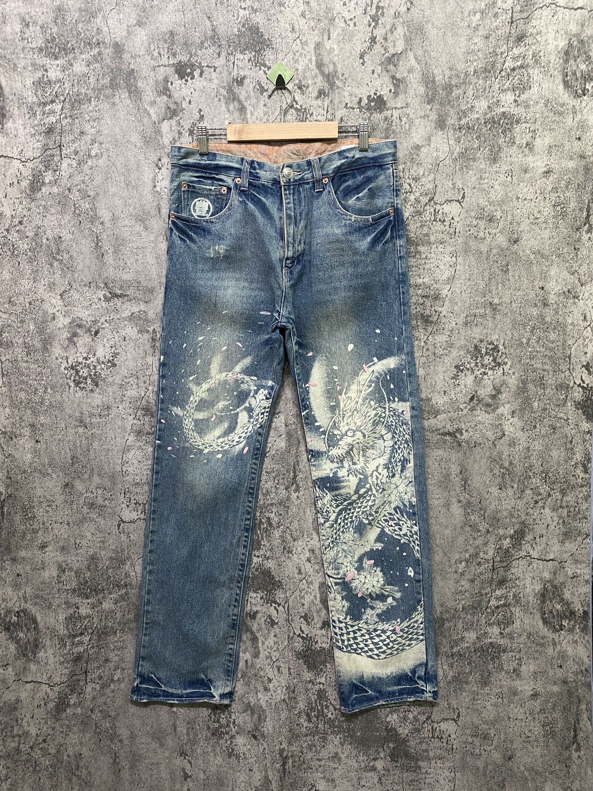 image of Sukajan Acid Wash Paint Splash Dragon Denim in Blue, Men's (Size 32)