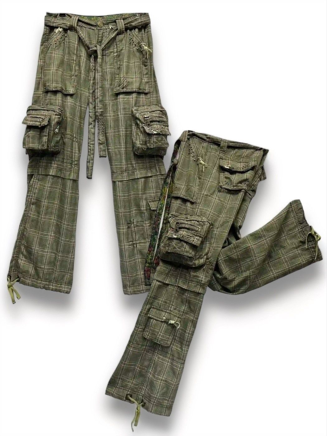 image of Avant Garde Dope3D Multi-Pocket Soft Cotton Green Plaid Cargo Pants, Men's (Size 30)