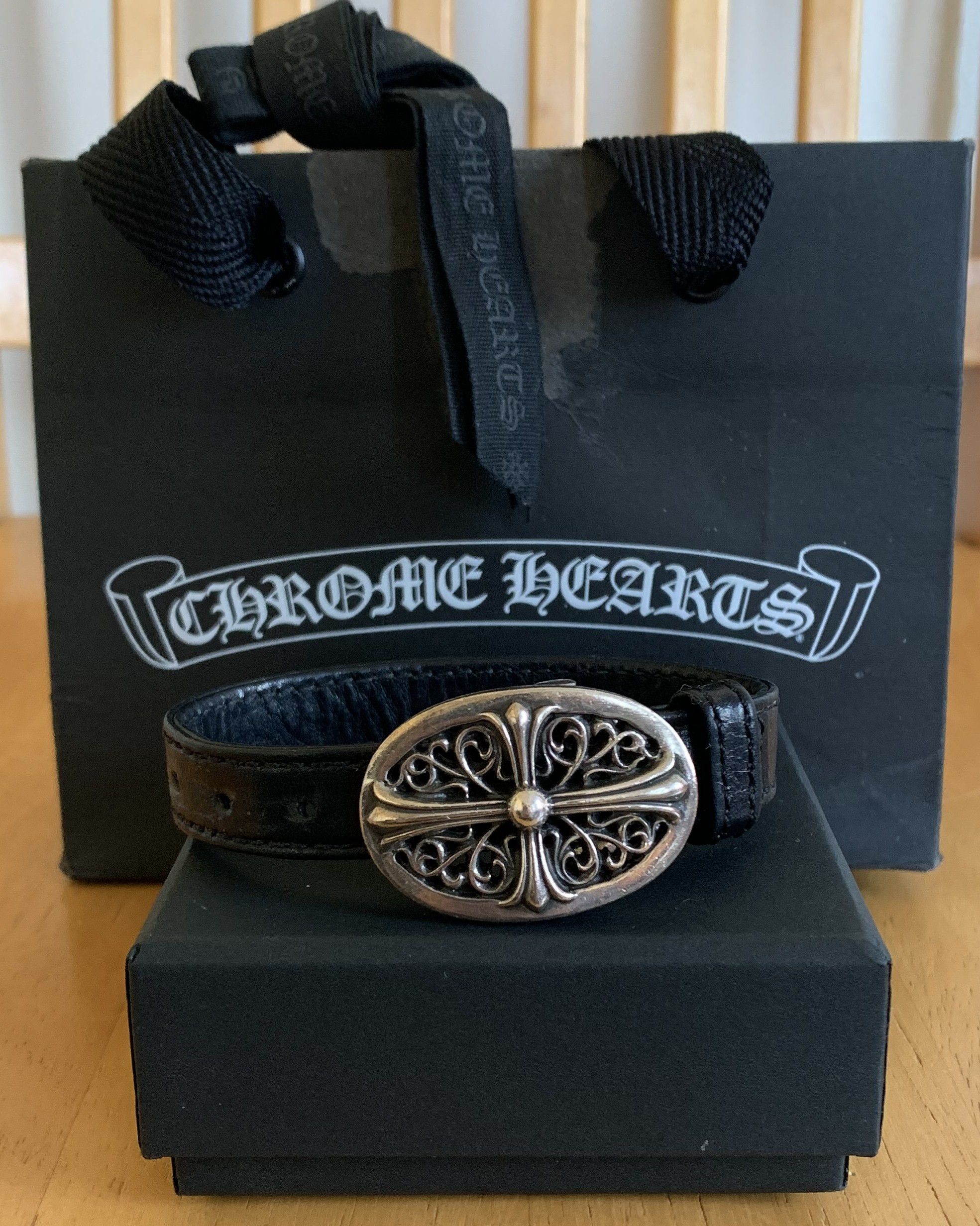 image of Chrome Hearts Oval Cross Leather Bracelet in Silver, Men's