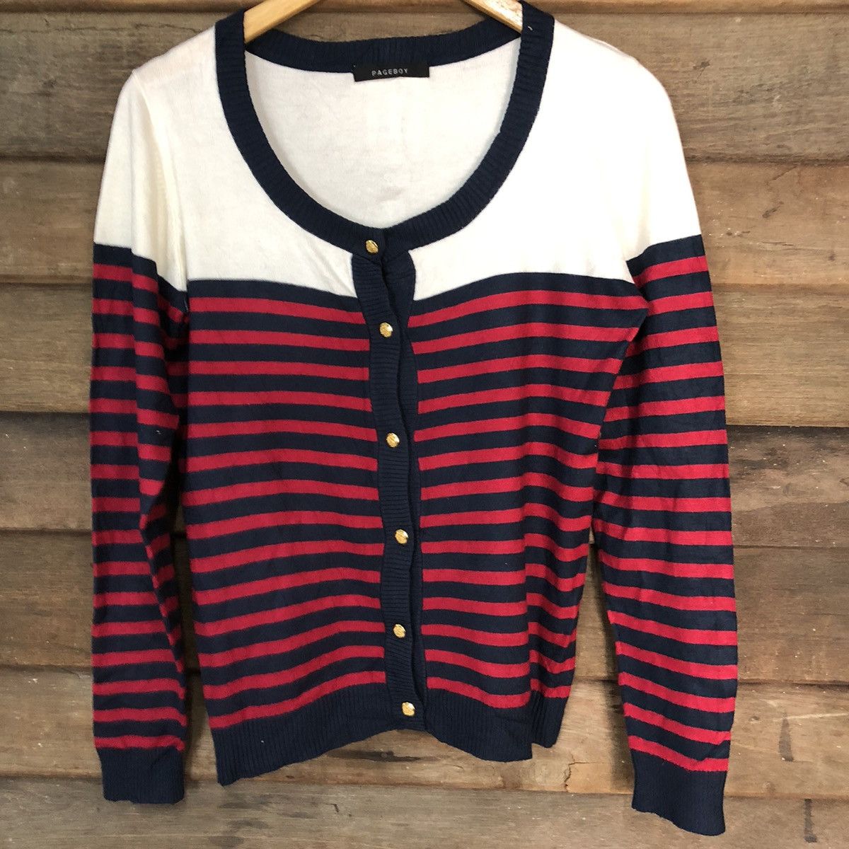 Japanese Brand Page Boy Stripe Red Cardigan knitwear japan #7265 Size M / US 6-8 / IT 42-44 - 3 Thumbnail