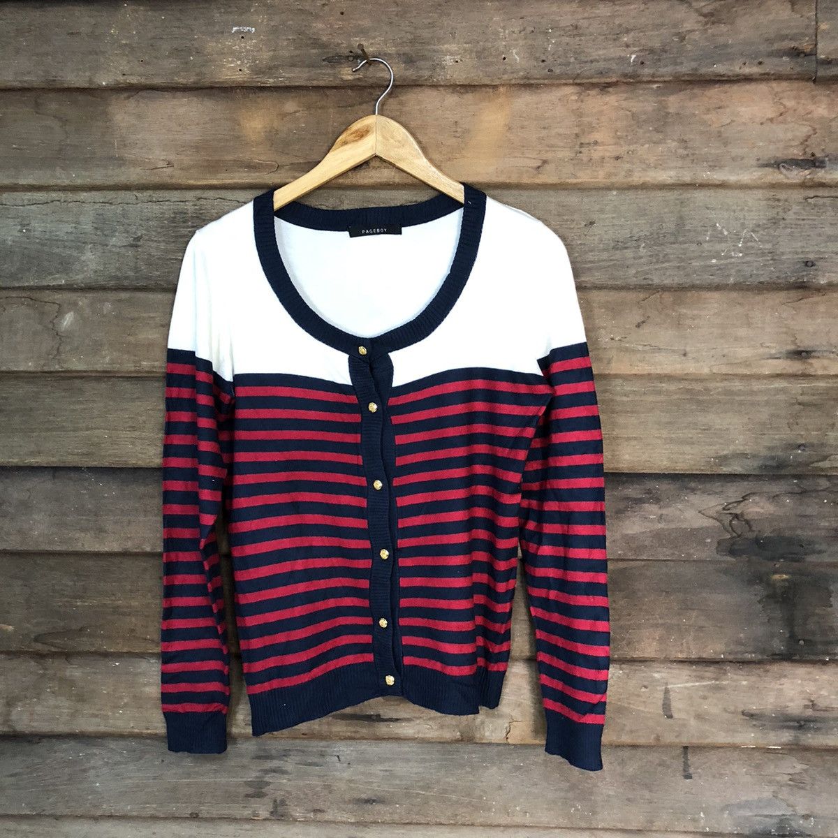 Japanese Brand Page Boy Stripe Red Cardigan knitwear japan #7265 Size M / US 6-8 / IT 42-44 - 1 Thumbnail