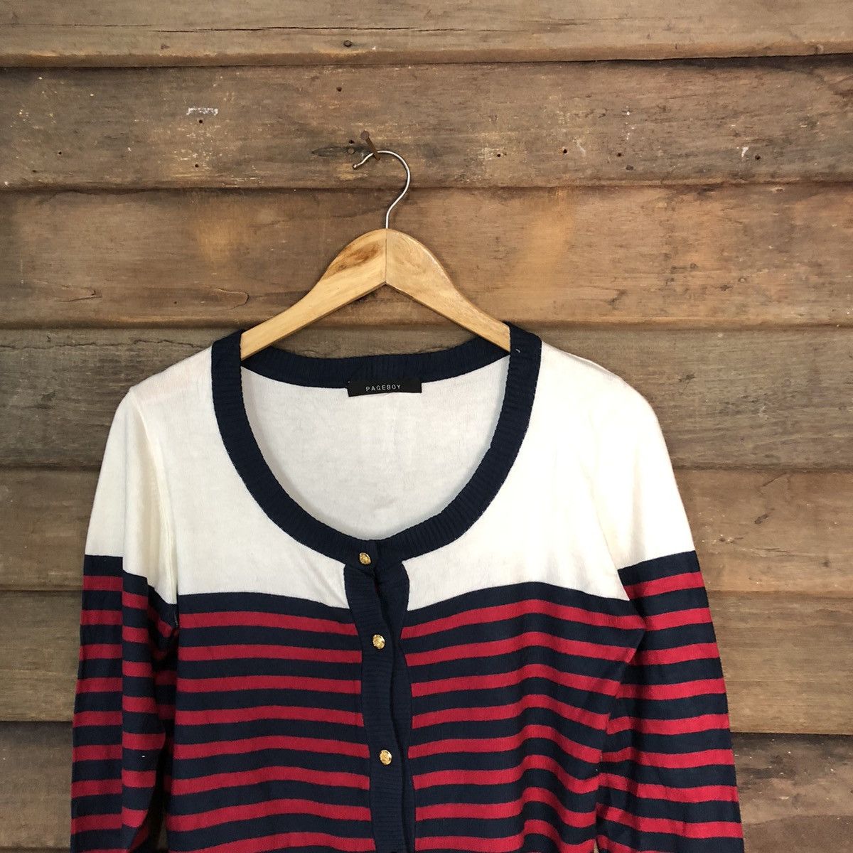 Japanese Brand Page Boy Stripe Red Cardigan knitwear japan #7265 Size M / US 6-8 / IT 42-44 - 2 Thumbnail