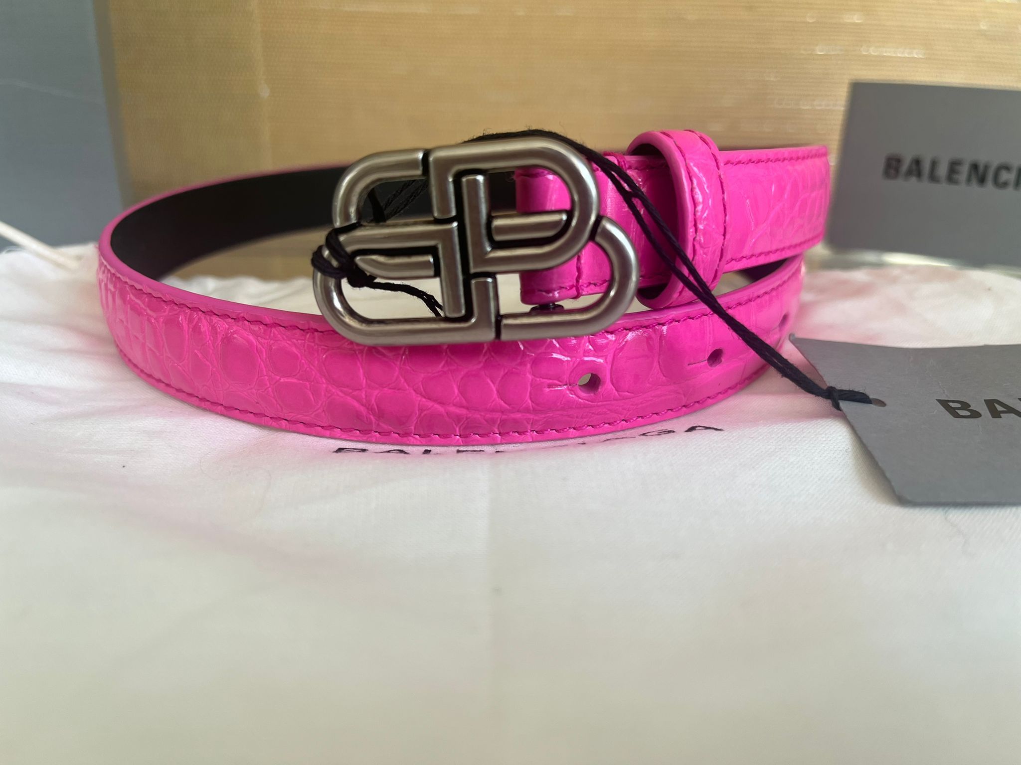 image of Balenciaga Bb Logo Pink Crocodile Embossed Croc Belt Hot Pink Size 60Cm, Women's