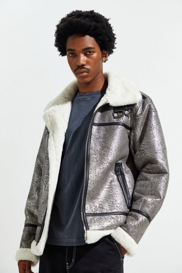 Urban Outfitters Urban Outfitters Faux Shearling Silver Bomber Jacket Coat Size US M / EU 48-50 / 2 - 2 Thumbnail