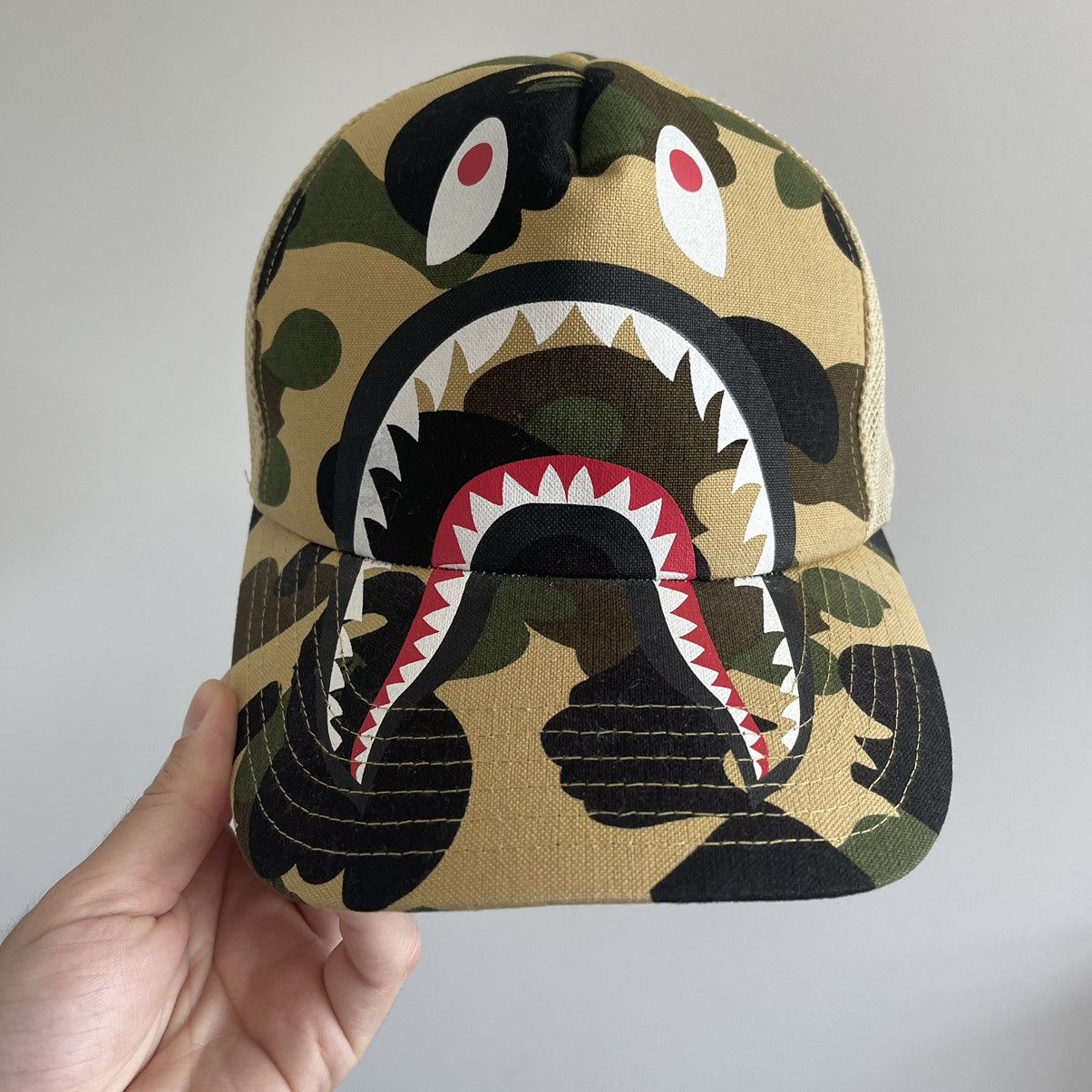 image of Bape Yellow 1St Camo Shark Trucker Mesh Hat, Men's