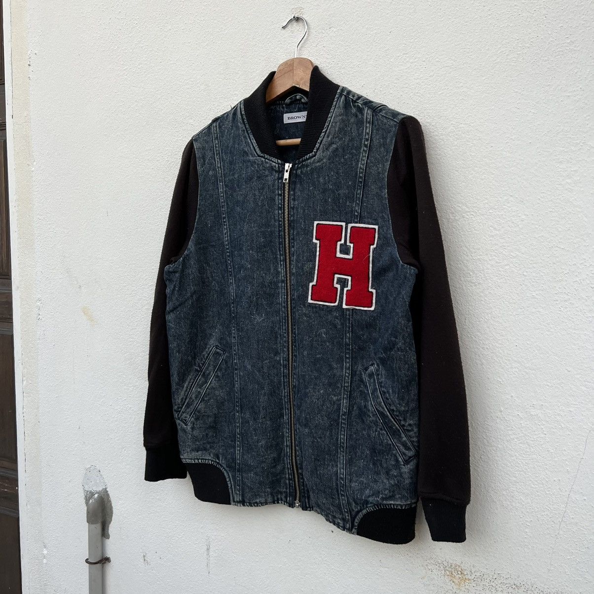Japanese Brand VARSITY JACKET BROWNY BIG LOGO DENIM MATERIAL Size US M / EU 48-50 / 2 - 2 Thumbnail