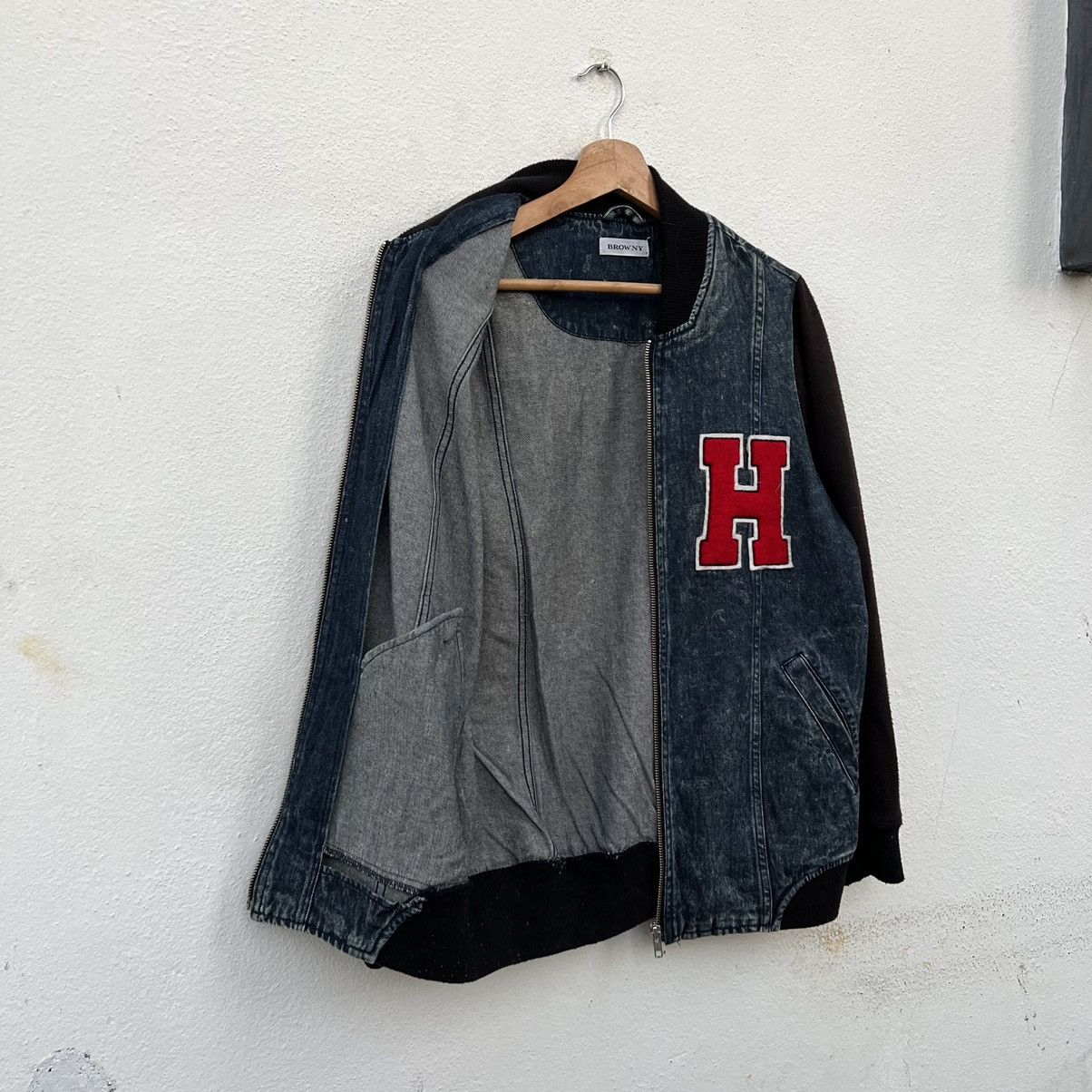 Japanese Brand VARSITY JACKET BROWNY BIG LOGO DENIM MATERIAL Size US M / EU 48-50 / 2 - 9 Thumbnail