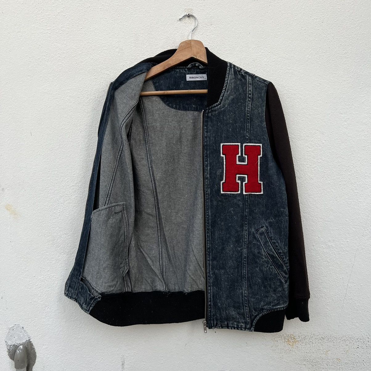 Japanese Brand VARSITY JACKET BROWNY BIG LOGO DENIM MATERIAL Size US M / EU 48-50 / 2 - 8 Thumbnail