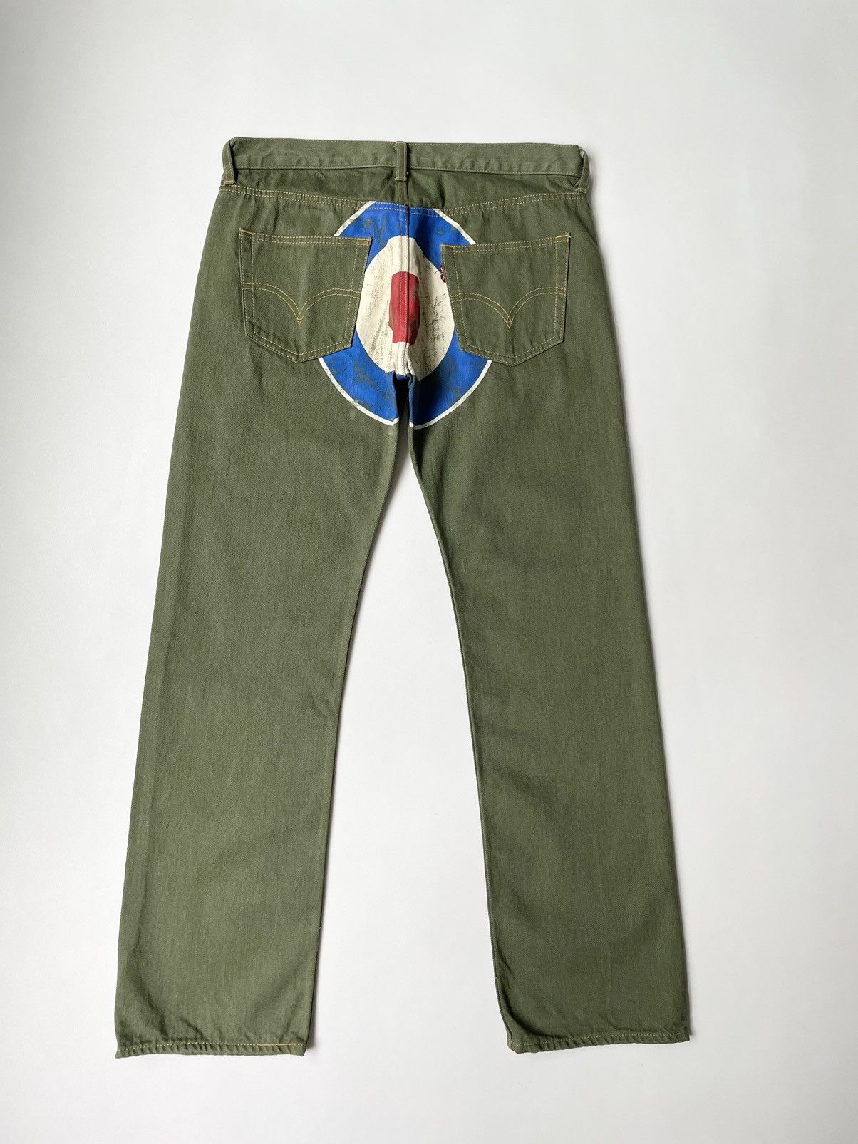 image of Comme Des Garcons x Junya Watanabe A/w 06 Target Print Levi’S Jeans in Washed Sage Green (Size 32)