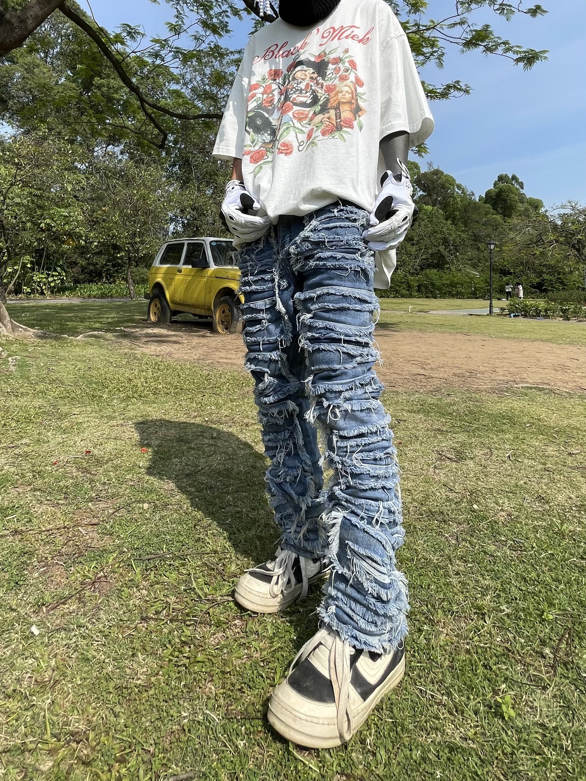 ripped patch flared distressed damaged jeans