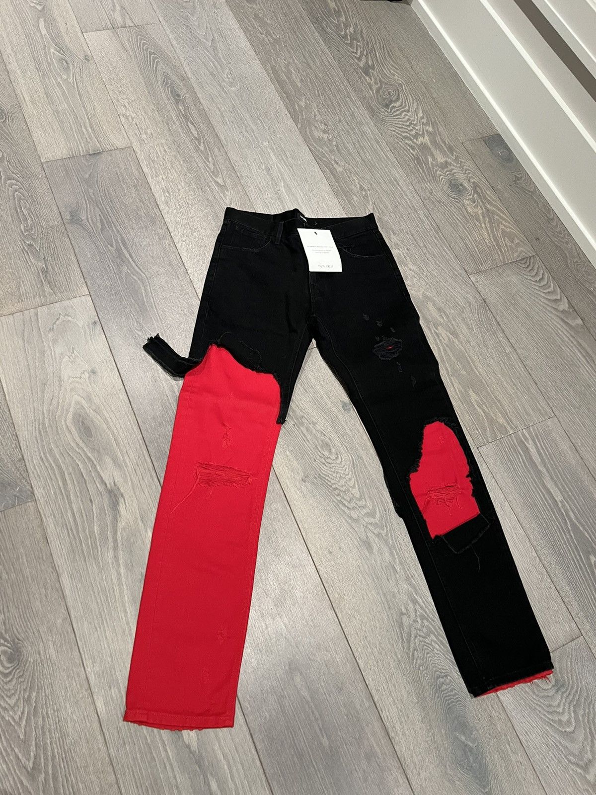 image of Raf Simons Aw19 Destroyed Half/half Denim in Red, Men's (Size 30)