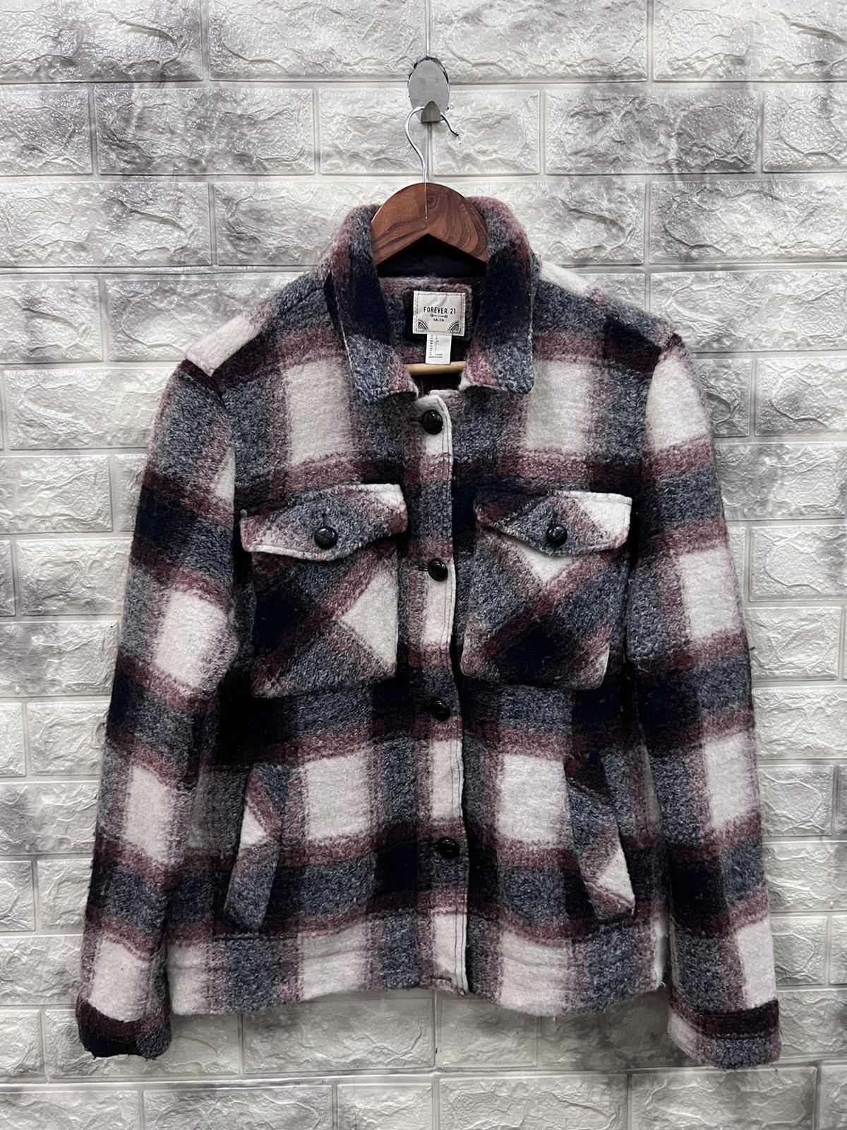 image of Forever 21 Tartan Jacket in Brown Tartan, Women's (Size Large)