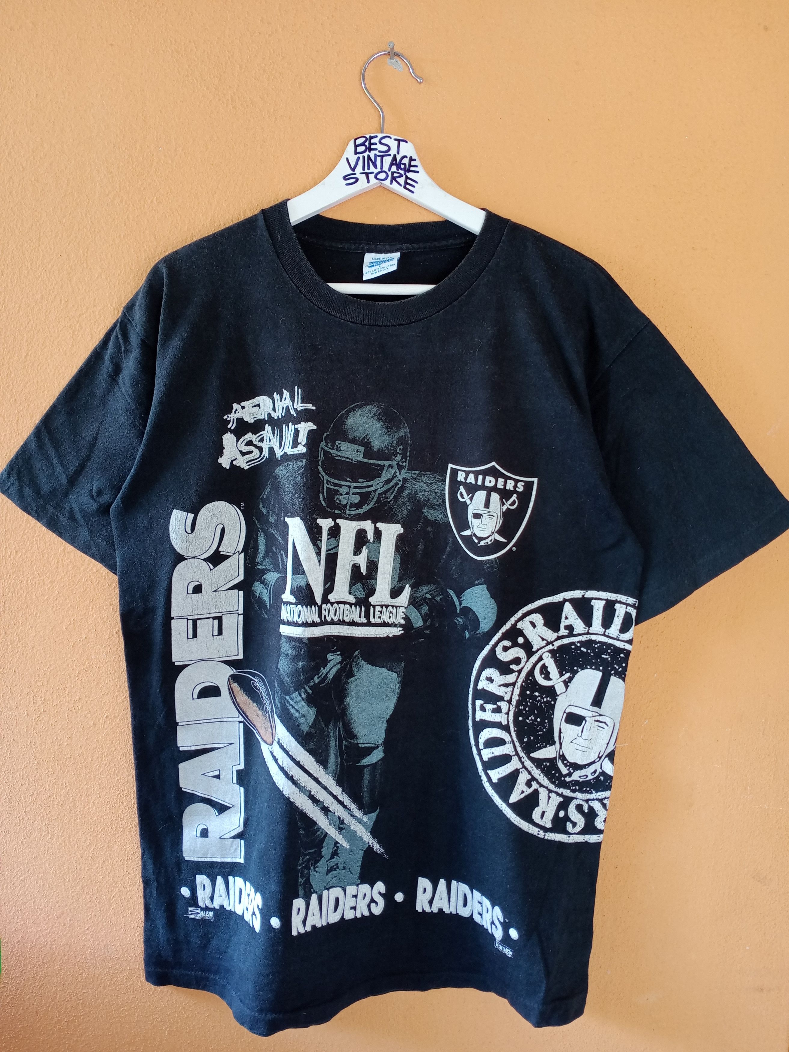 Vintage 90s Salem Sportswear Oakland Raiders All Over Print T