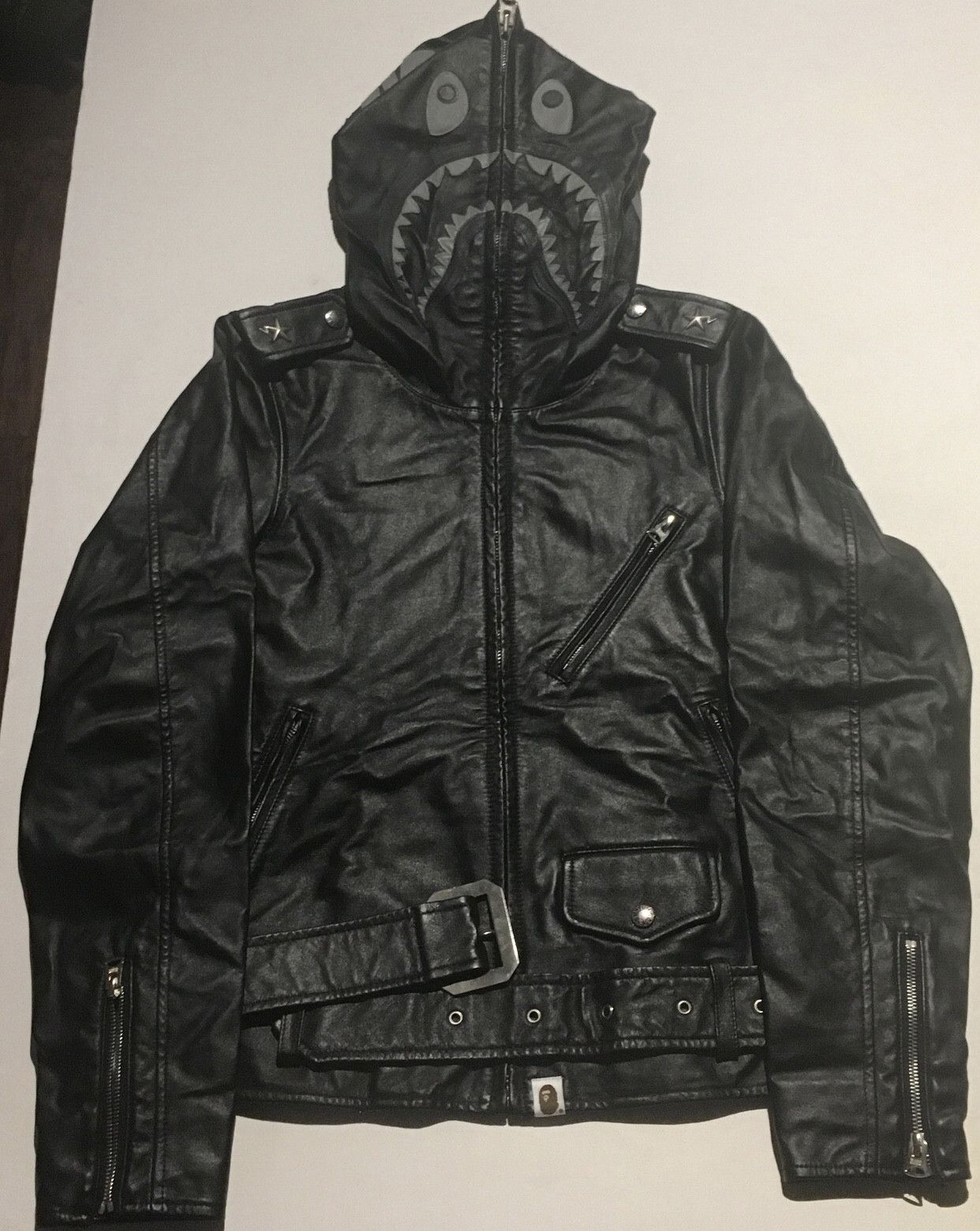 image of Bape Leather Shark Hoodie Jacket in Black, Men's (Size Small)