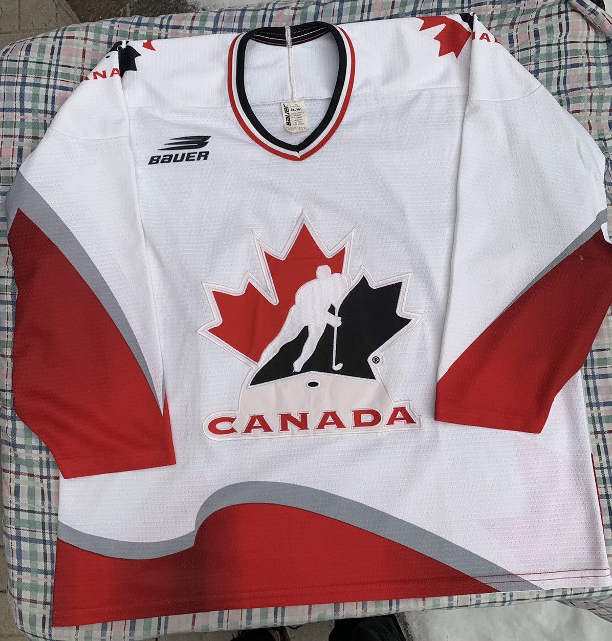 image of Vintage Bauer 1996 Team Canada Olympics Hockey Jersey in White Red Grey, Men's (Size XL)