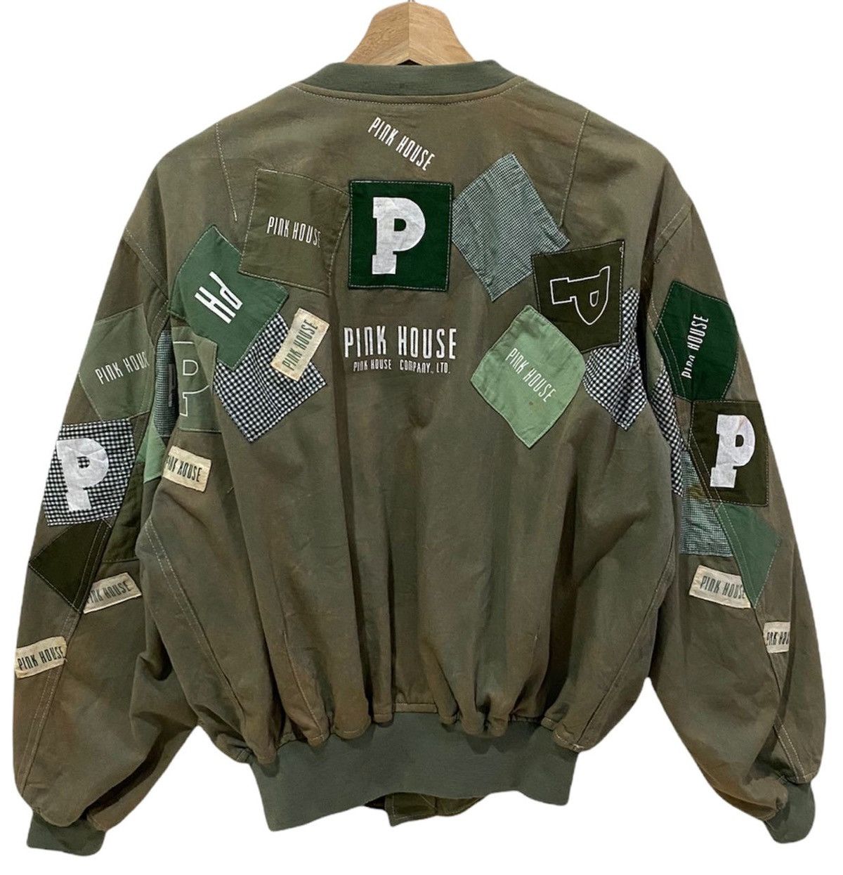 image of 20471120 x Archival Clothing pink House Ma+ Patchwork Distressed Bomber Jacket in Green (Size Mediu