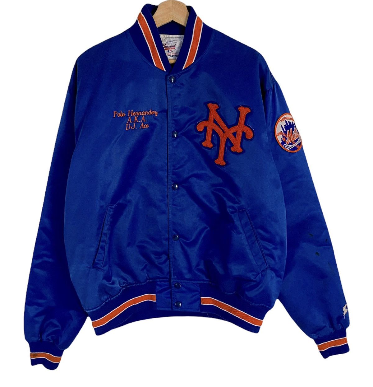 image of Bomber Jacket x Starter Vintage New York Yankees Mlb Diamond Satin Varsity Jacket in Blue (Size 2XL