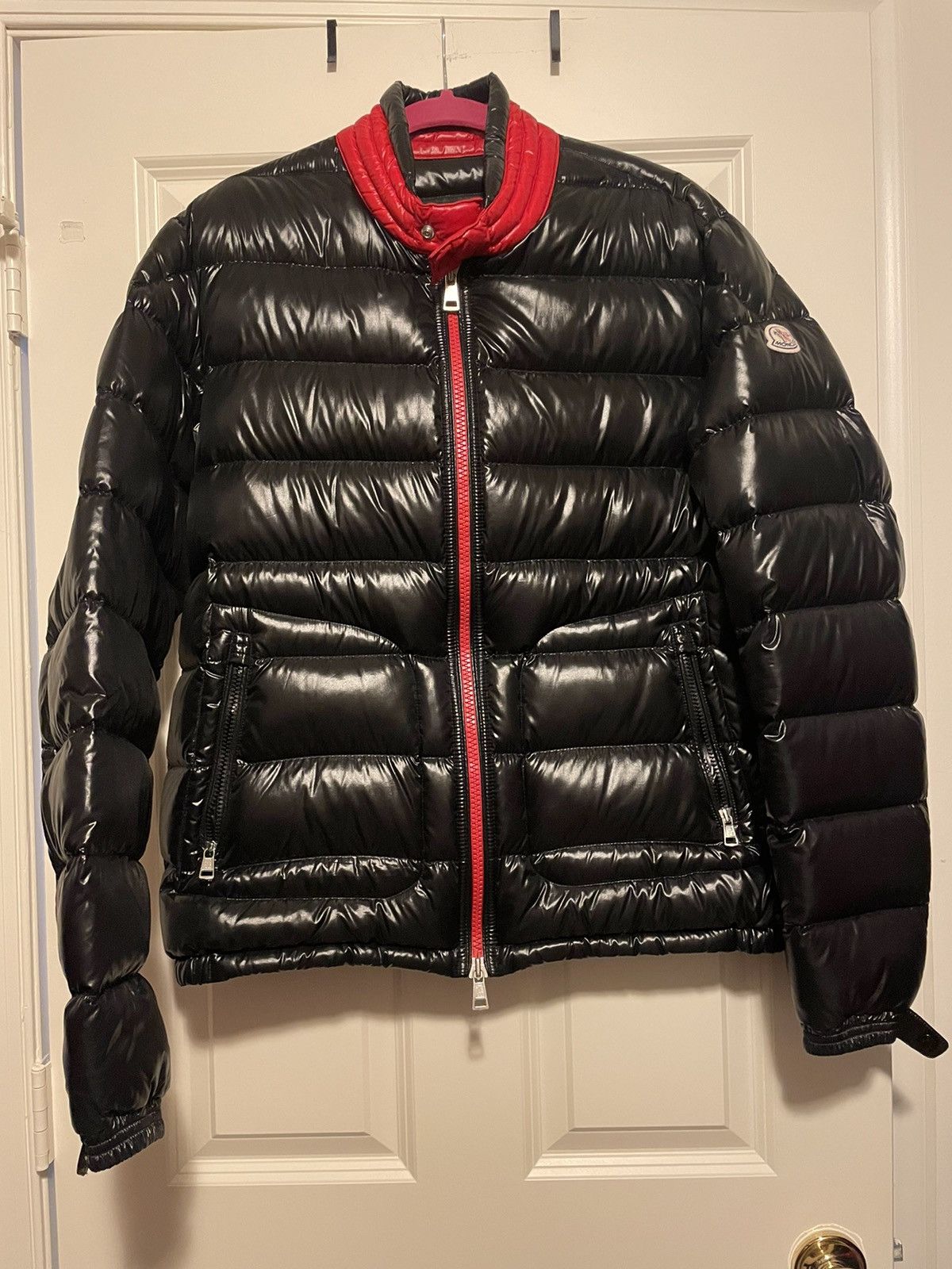 image of Moncler Aubert Giubbotto Coat Size 5 in Black/Red, Men's