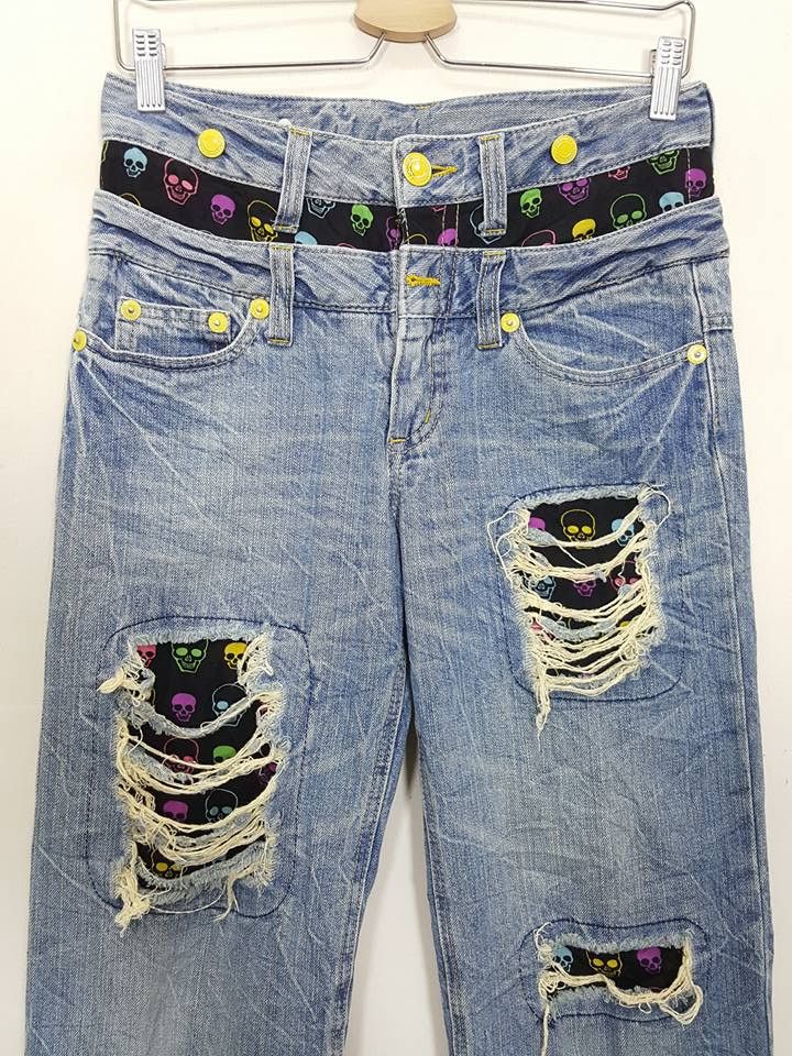 Designer Japanese Patchwork Art Pattern Distressed Pant Size US 29 - 4 Thumbnail