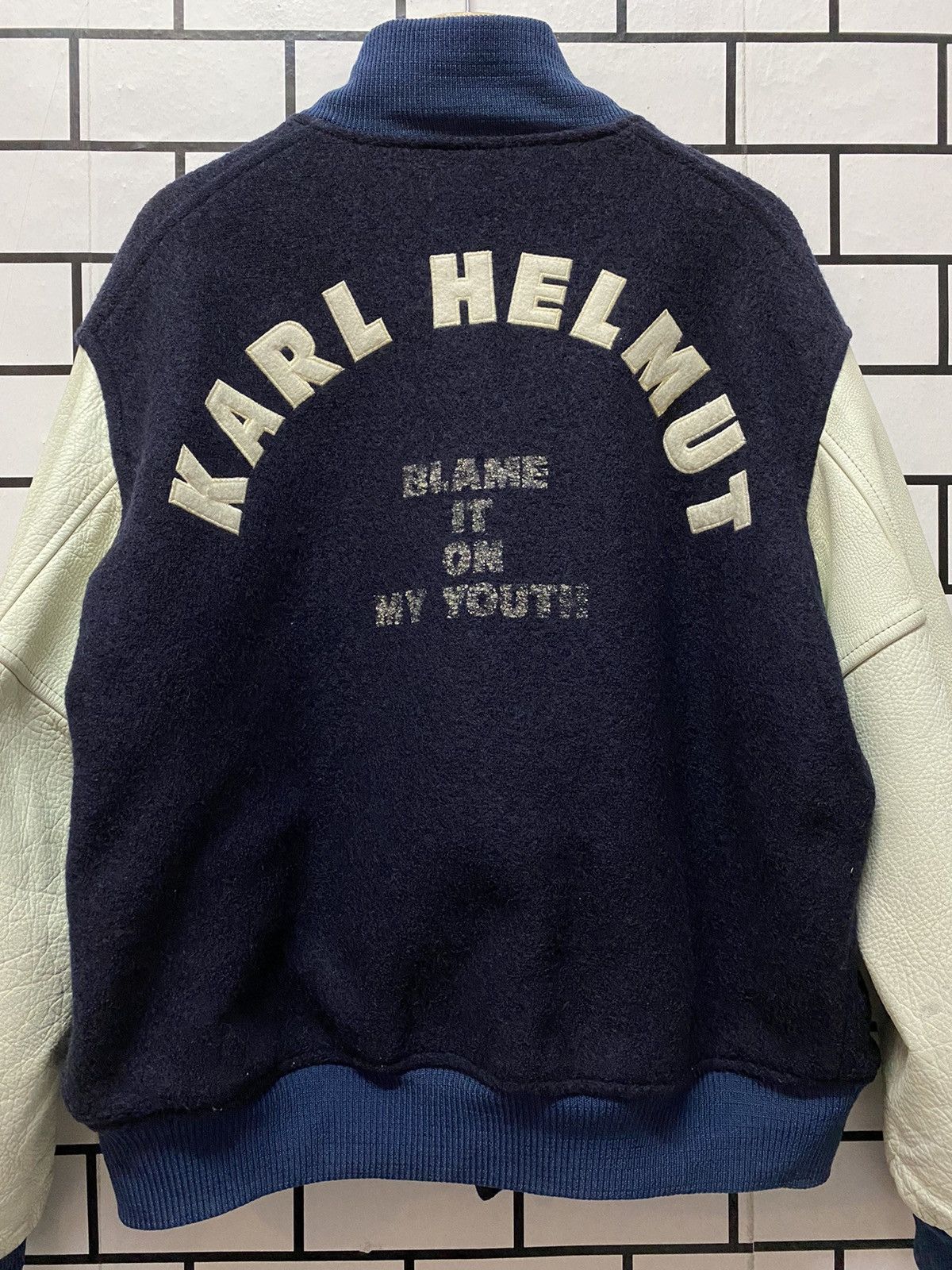 Japanese Brand × Karl Helmut × Vintage Vintage 80’s Karl Helmut Wool Leather Varsity Jacket Size US XL / EU 56 / 4 - 5 Thumbnail