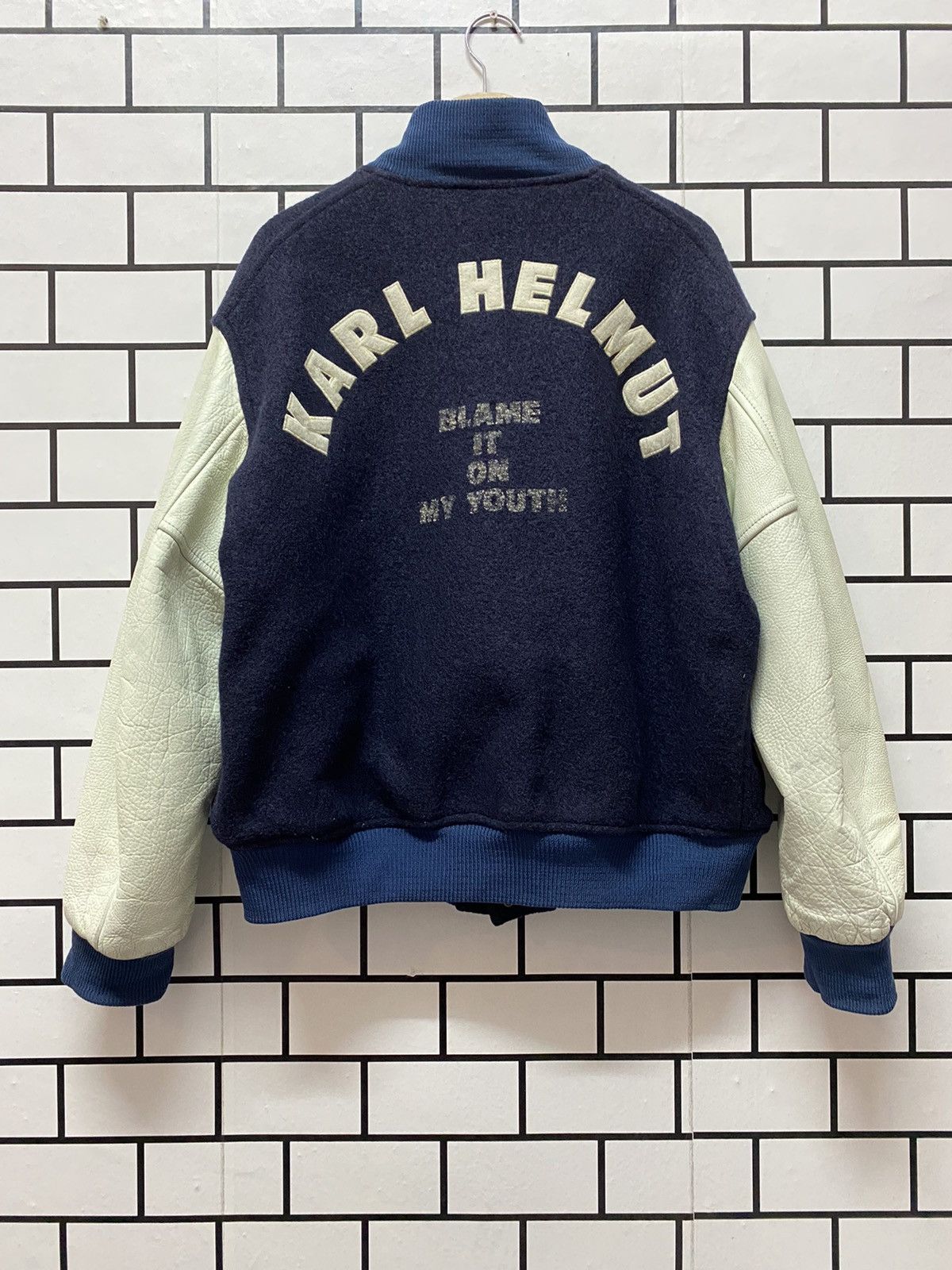 Japanese Brand × Karl Helmut × Vintage Vintage 80’s Karl Helmut Wool Leather Varsity Jacket Size US XL / EU 56 / 4 - 1 Thumbnail