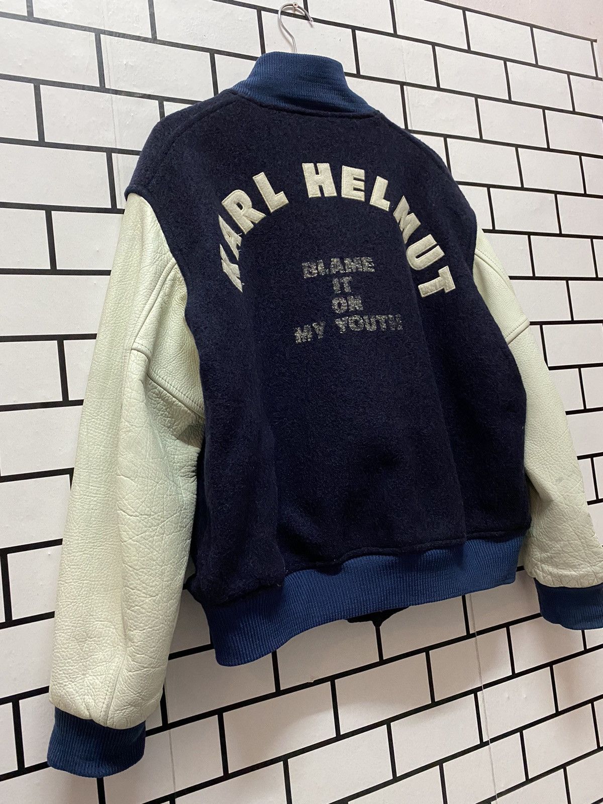 Japanese Brand × Karl Helmut × Vintage Vintage 80’s Karl Helmut Wool Leather Varsity Jacket Size US XL / EU 56 / 4 - 4 Thumbnail