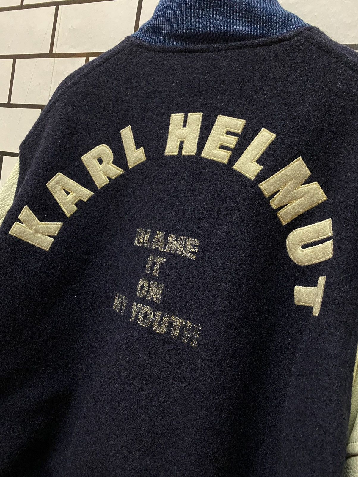 Japanese Brand × Karl Helmut × Vintage Vintage 80’s Karl Helmut Wool Leather Varsity Jacket Size US XL / EU 56 / 4 - 6 Thumbnail