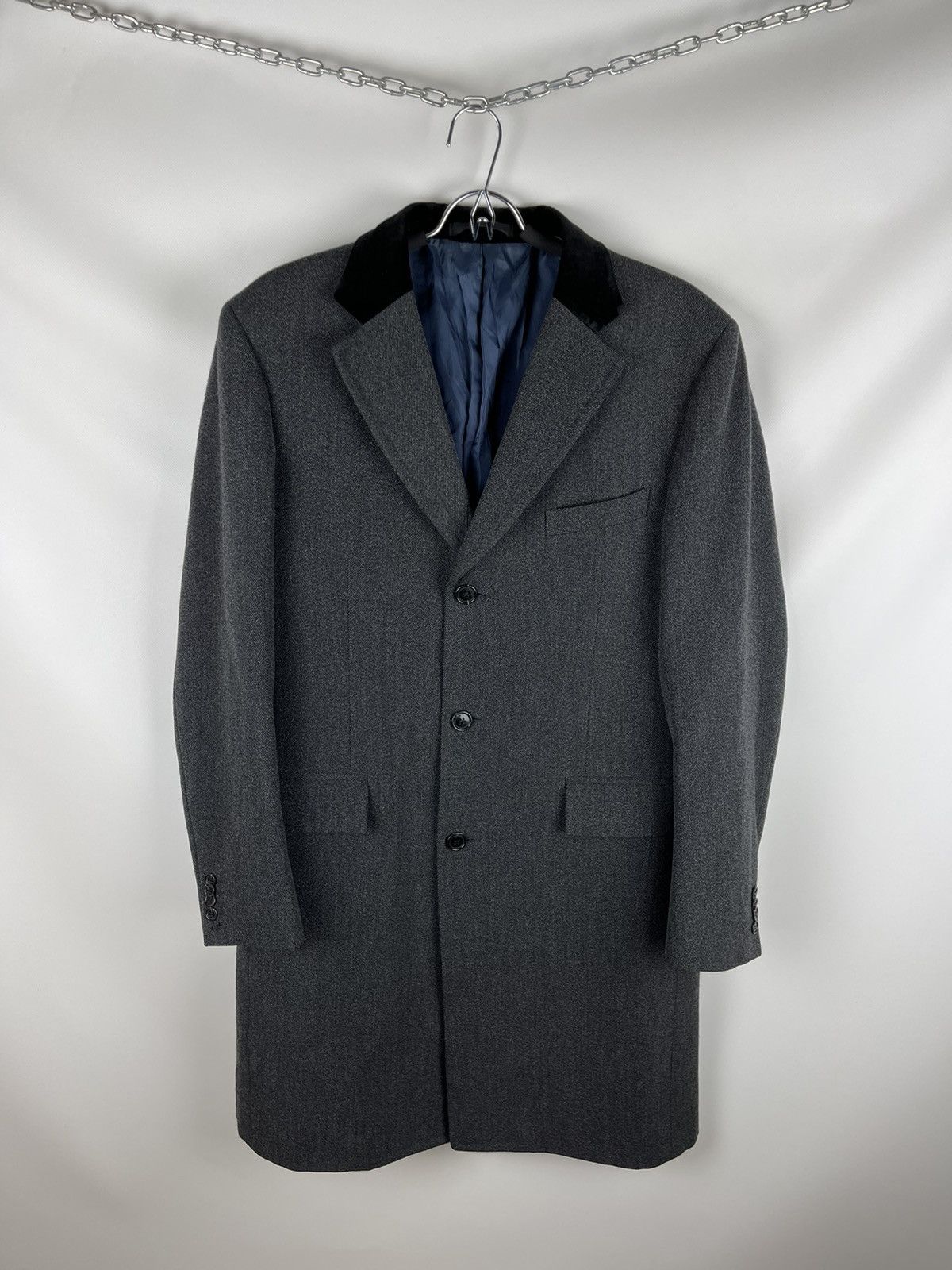 image of Suitsupply Grey 3 Button Wool Trench Coat Black Collar, Men's (Size Medium)