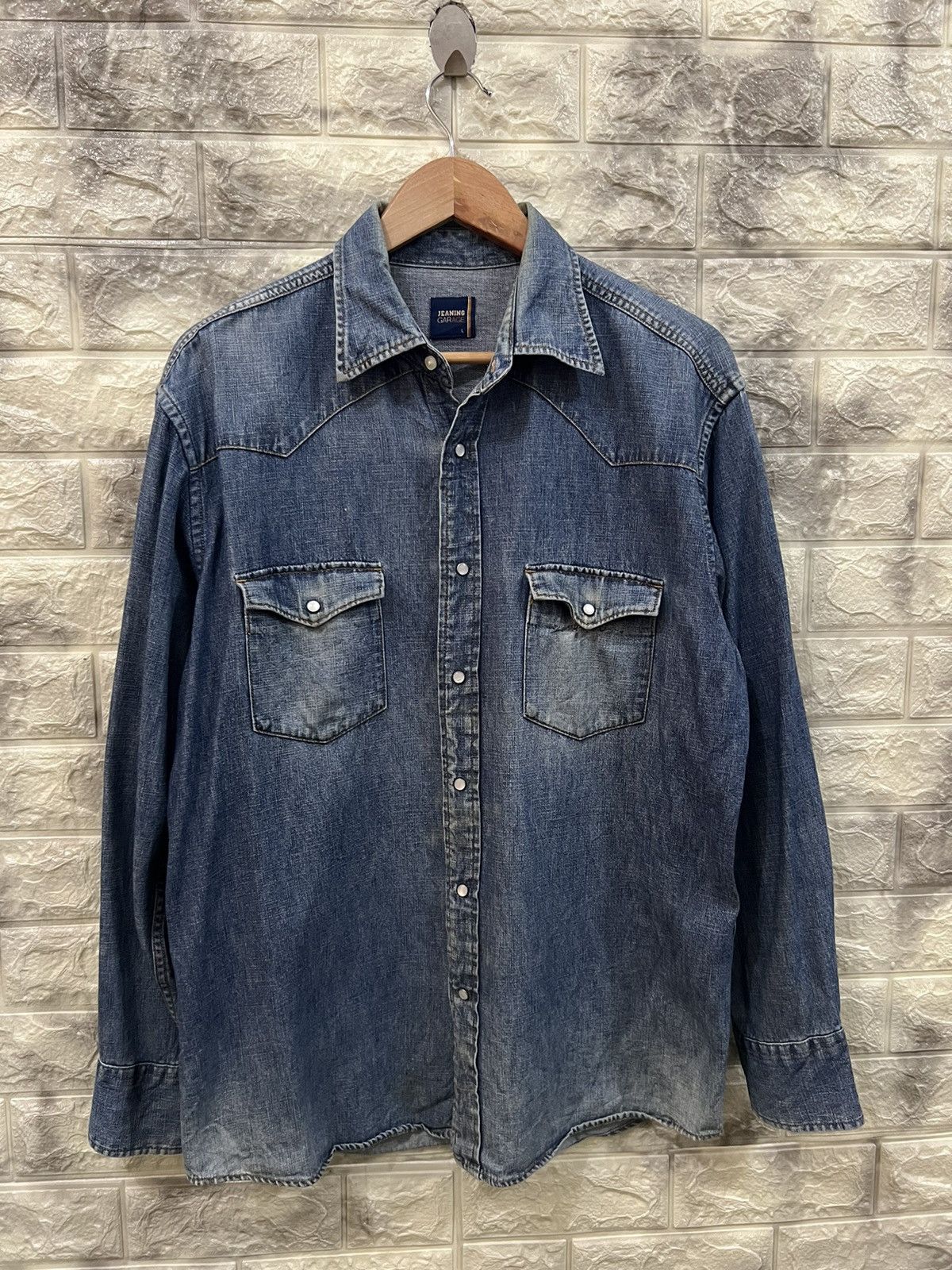 image of Distressed Denim x Vintage Jeaning Garage Denim Shirt in Blue Jean, Men's (Size Large)