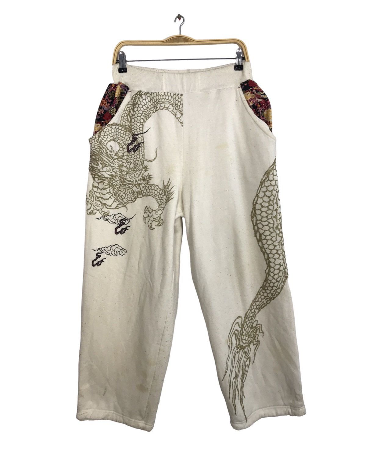 image of Bullet Noise Sukajan Dragon Big Printed Wool Pant Jogger in White, Men's (Size 28)