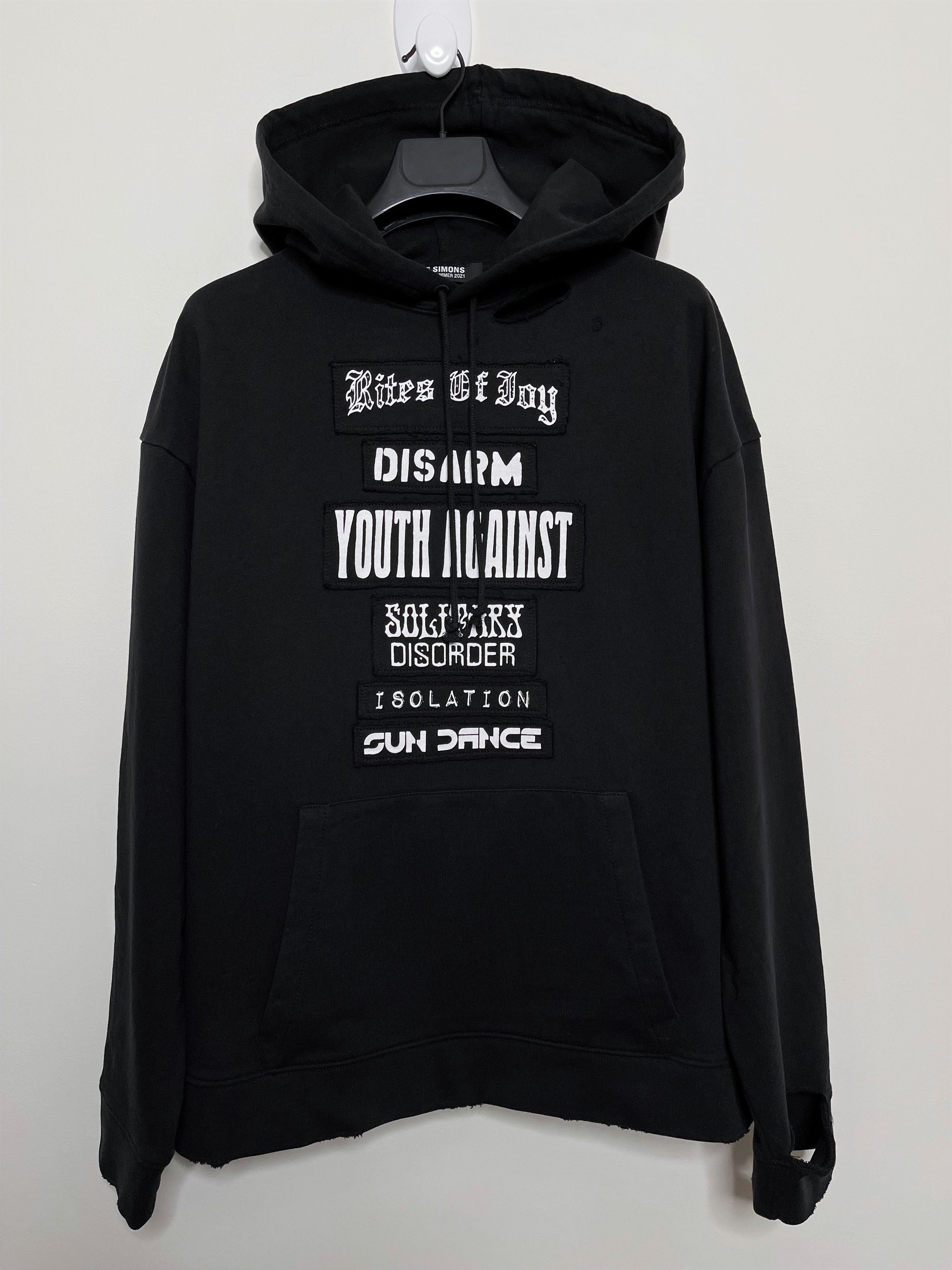 image of Raf Simons Rites Of Joy Distressed Relaxed Punk Patch Hoodie Ss21 in Black, Men's (Size XS)