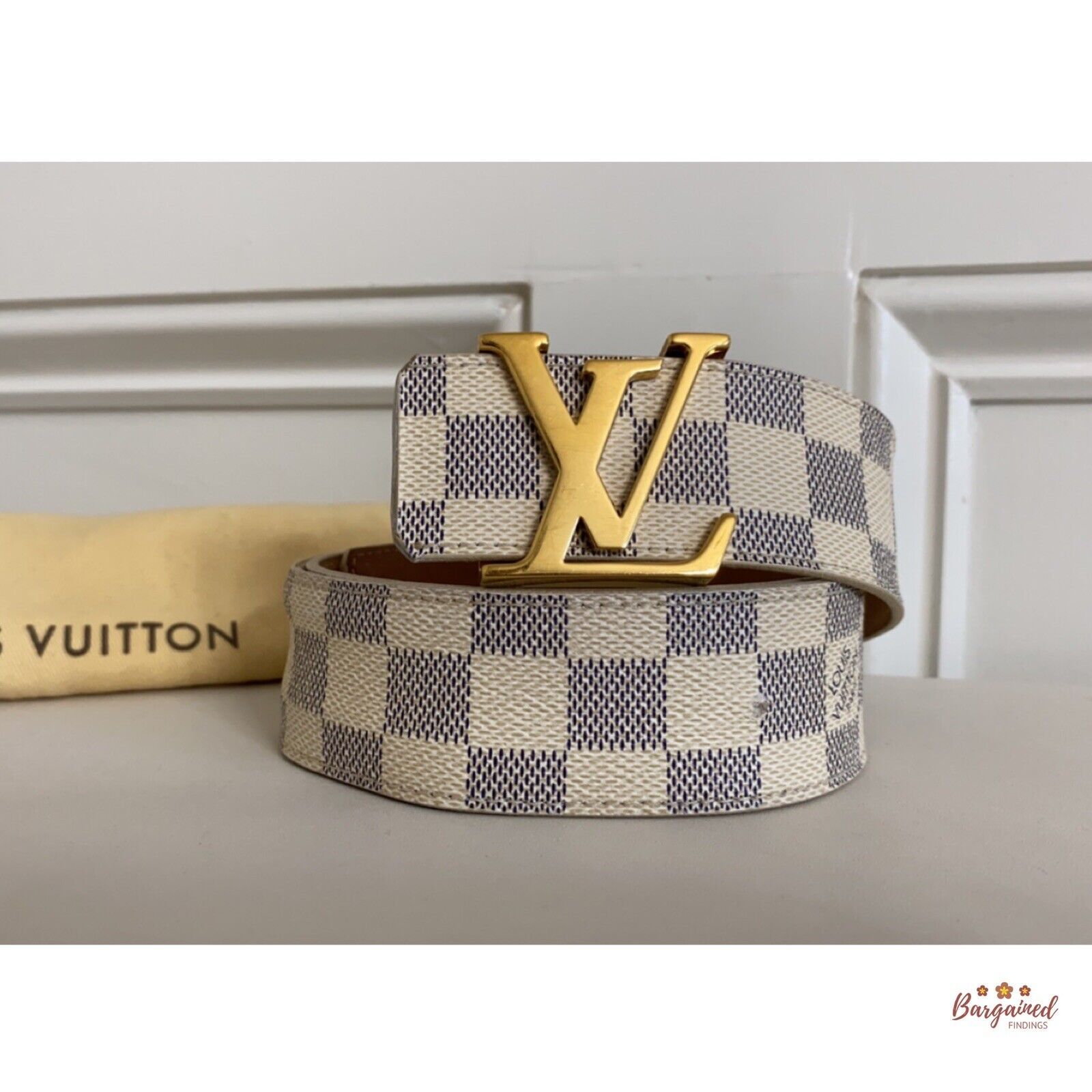 Louis Vuitton Louis Vuitton Damier Azur Leather Gold LV Initials Belt