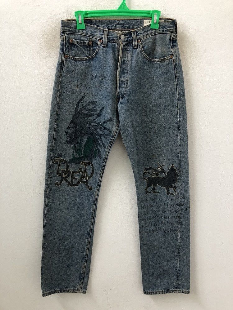 Bob Marley × Levi's Vtg Levi's 501 Usa Reconstruct Bob Marley Reggae Art Denim Size US 31 - 1 Thumbnail