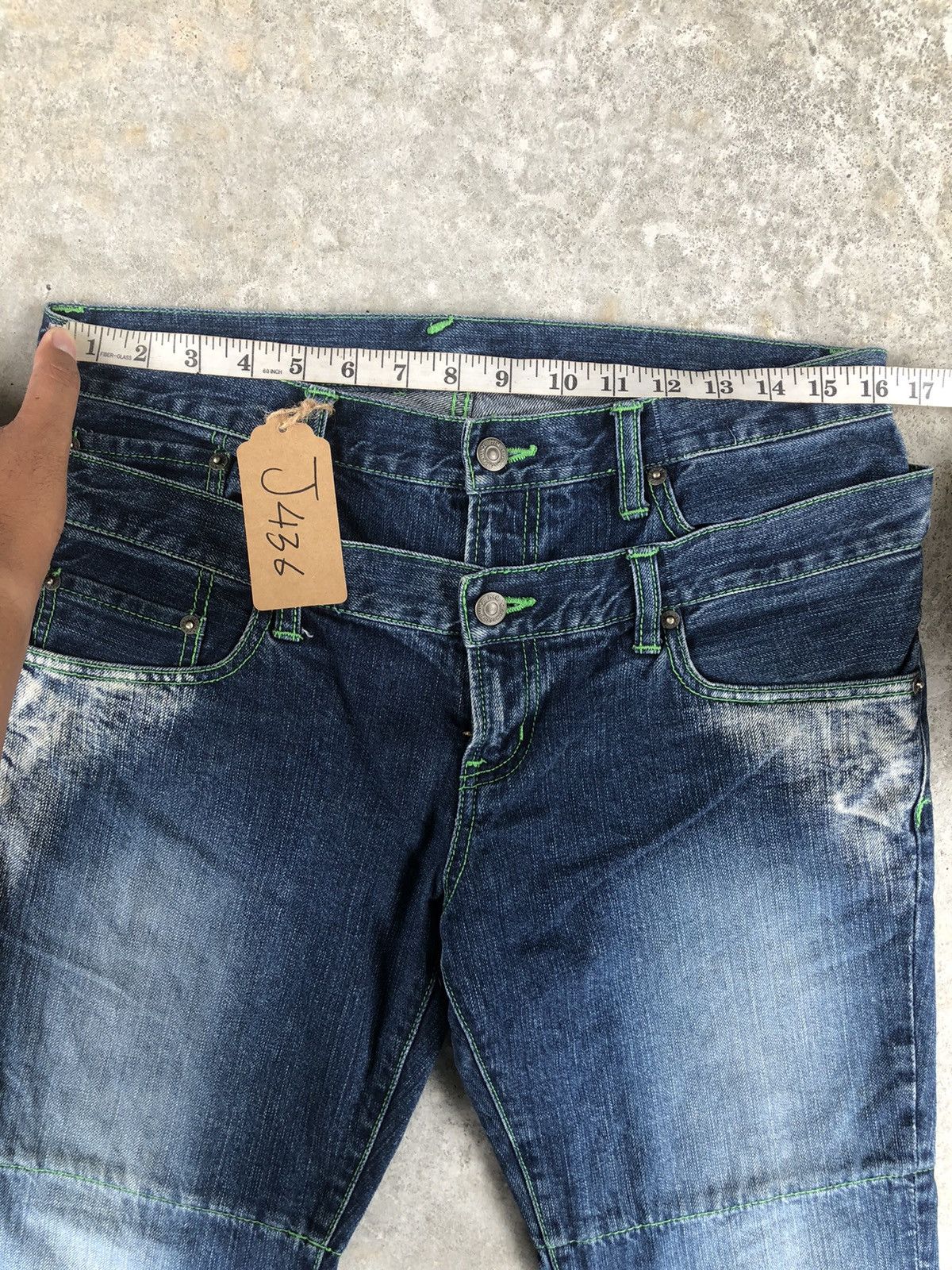 PPFM Japanese PPFM Double Waist Distressed Denim Green Stitch Size US 32 / EU 48 - 16 Thumbnail