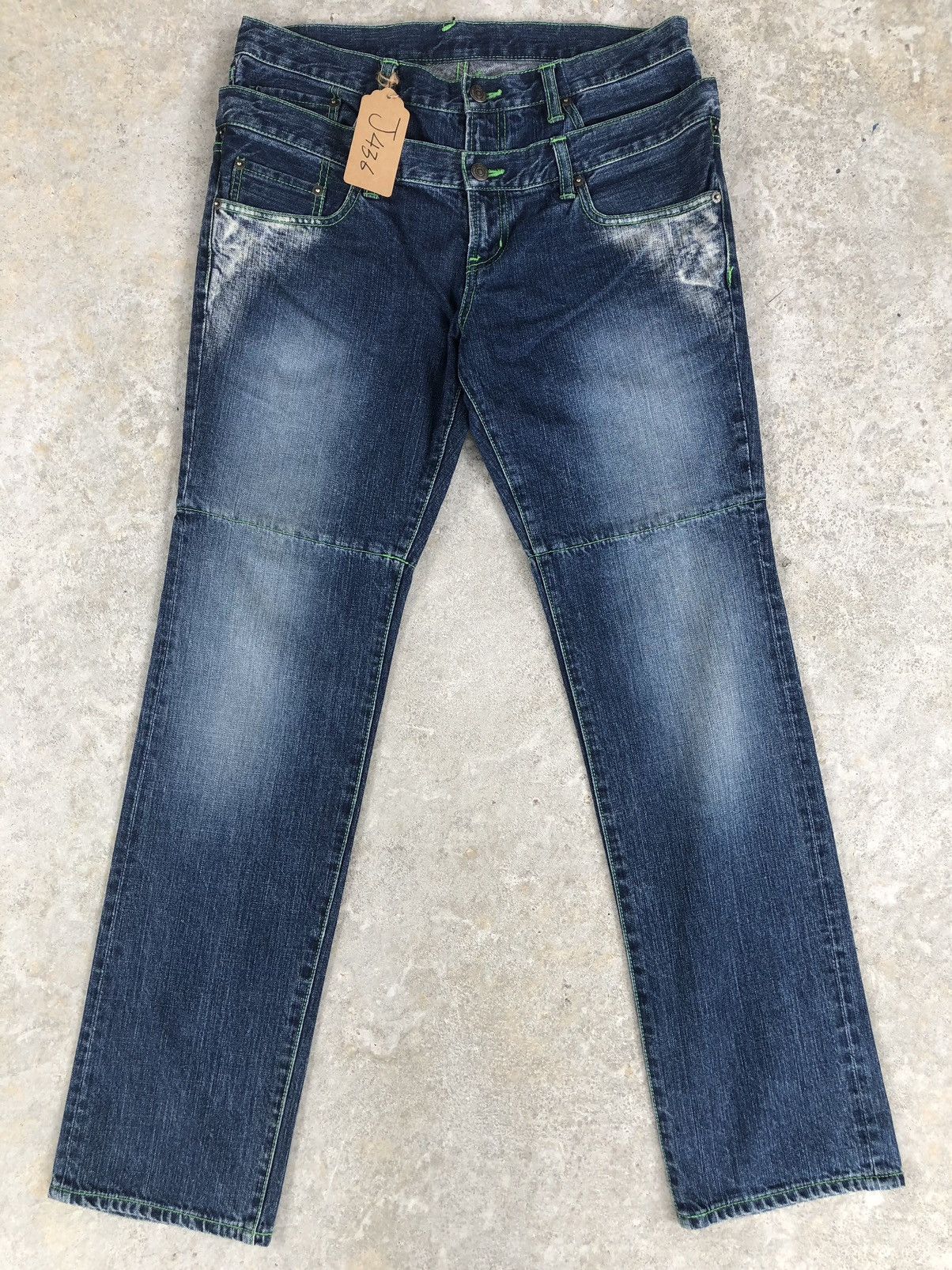 Japanese PPFM Double Waist Distressed Denim Green Stitch