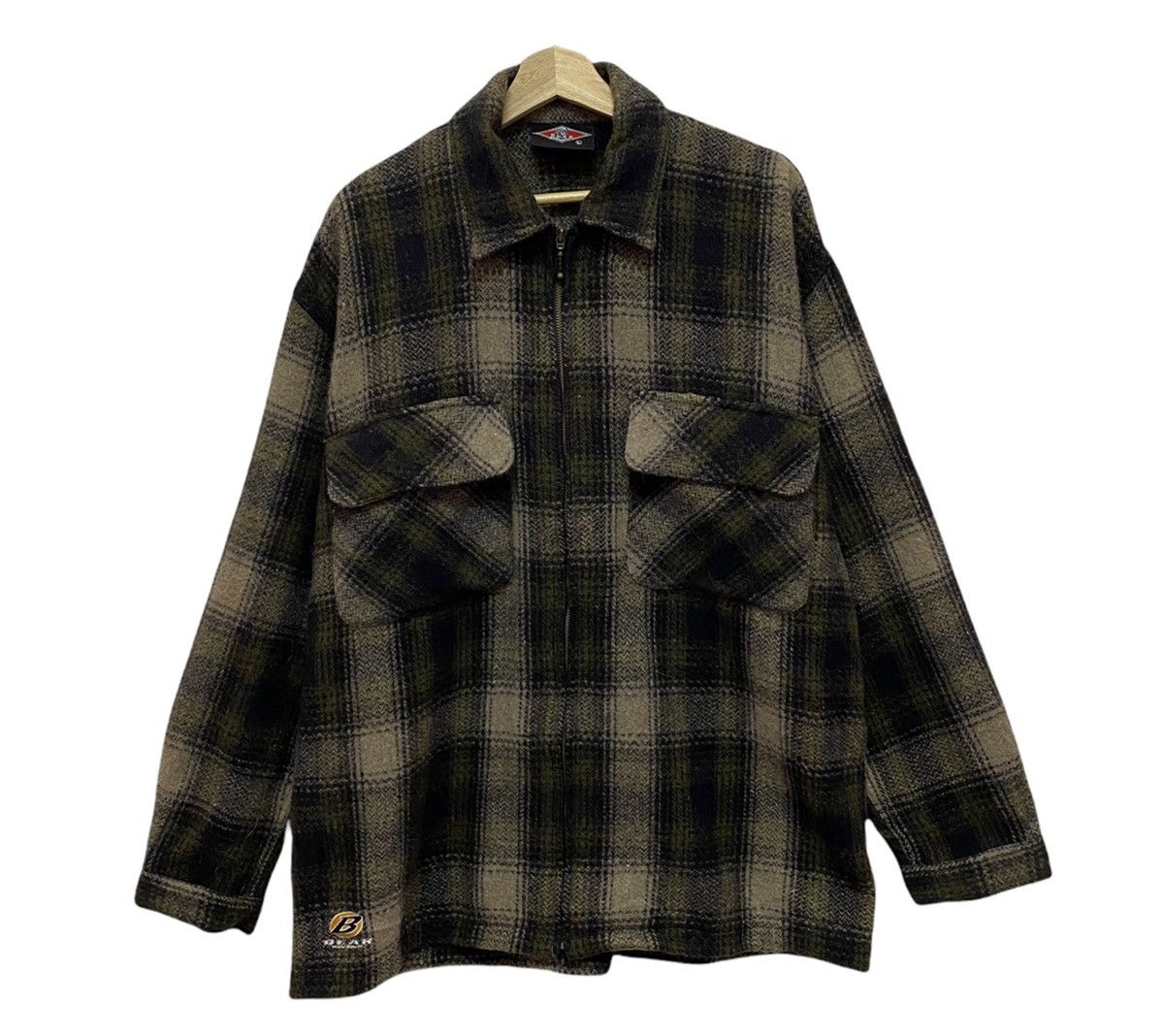 image of Flannel x Golden Bear Vintage 90's Bear Brown Tartan Wool Zipper Heavy Jacket, Men's (Size Large)