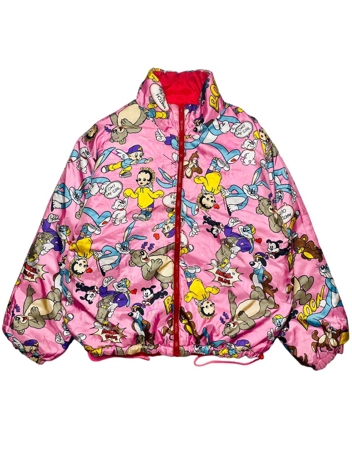 image of 1990S Angel Blue All Over Printed Cartoon Reversible Jacket in Pink/Red, Men's (Size Large)