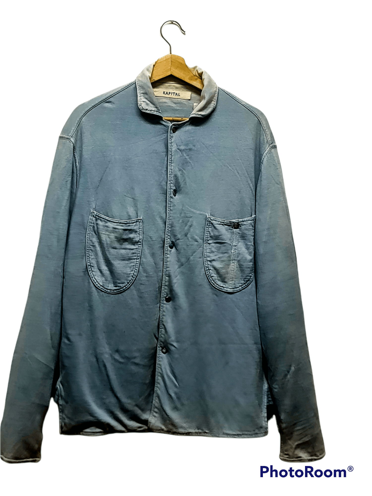 image of Archival Clothing Kapital Kiro Hirata Jacket Pocket Multi Stone Button in Blue Denim (Size Medium)