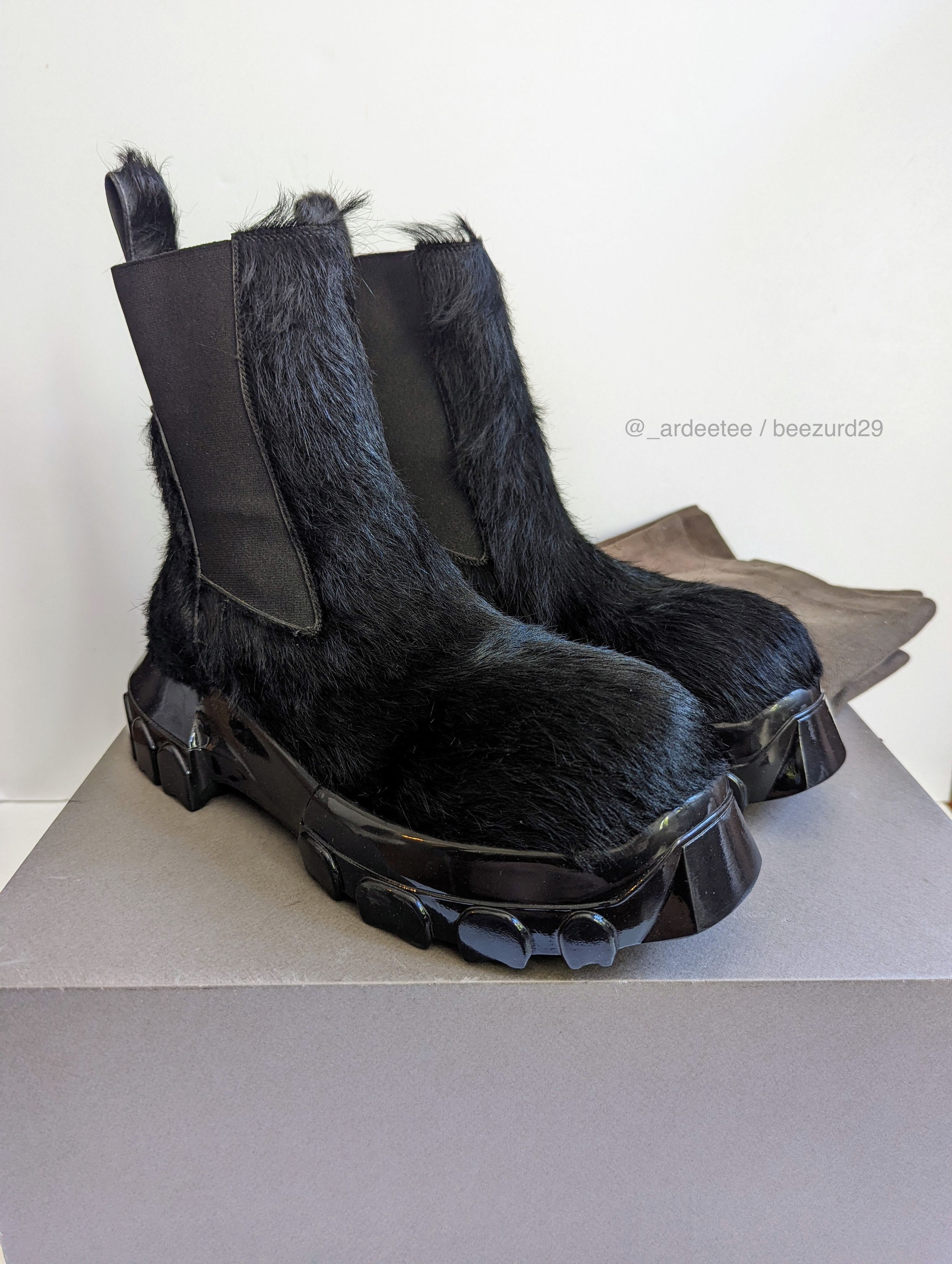image of Rick Owens Sample Black Calf Hair Fur Beatle Bozo Tractor Boots in Black Polished, Men's (Size 8)