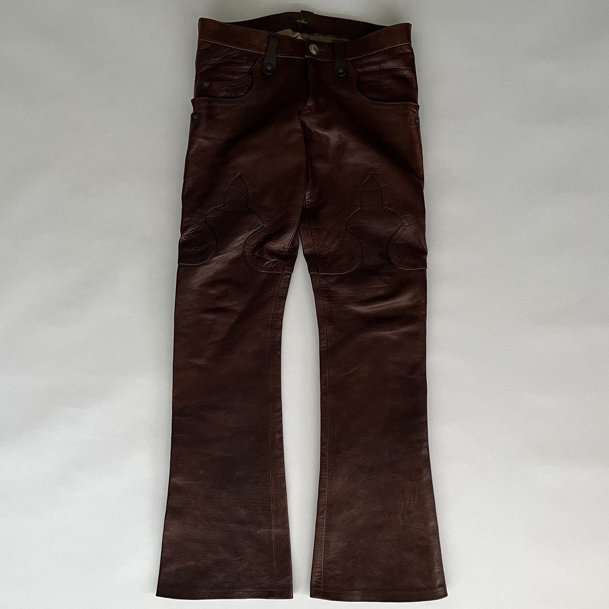 image of Obelisk Flared Red Chrome Hearts Leather Pants, Men's (Size 29)