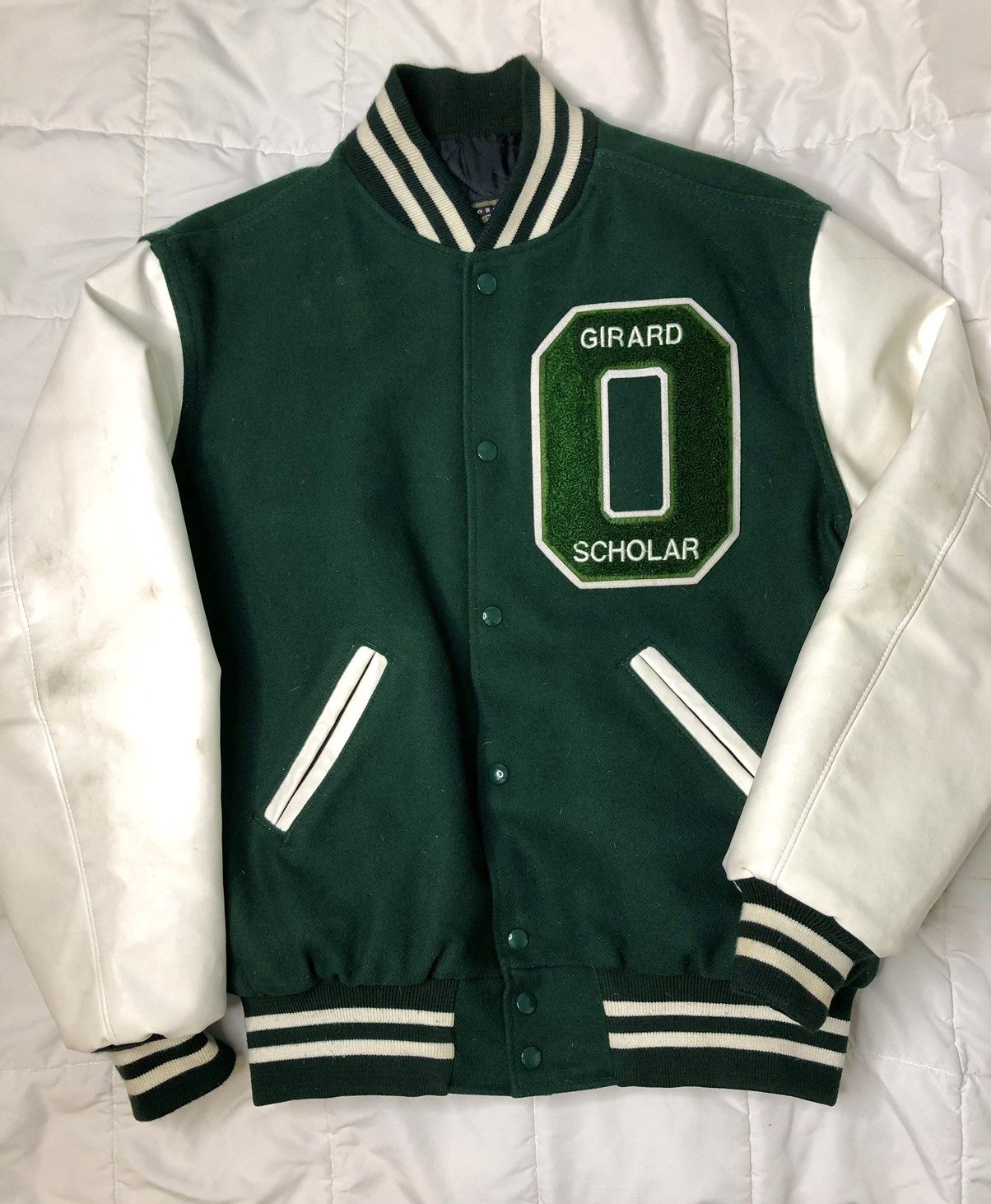 image of Vintage Oversized Varsity Leather Sleeve Jacket Size M in Green, Men's