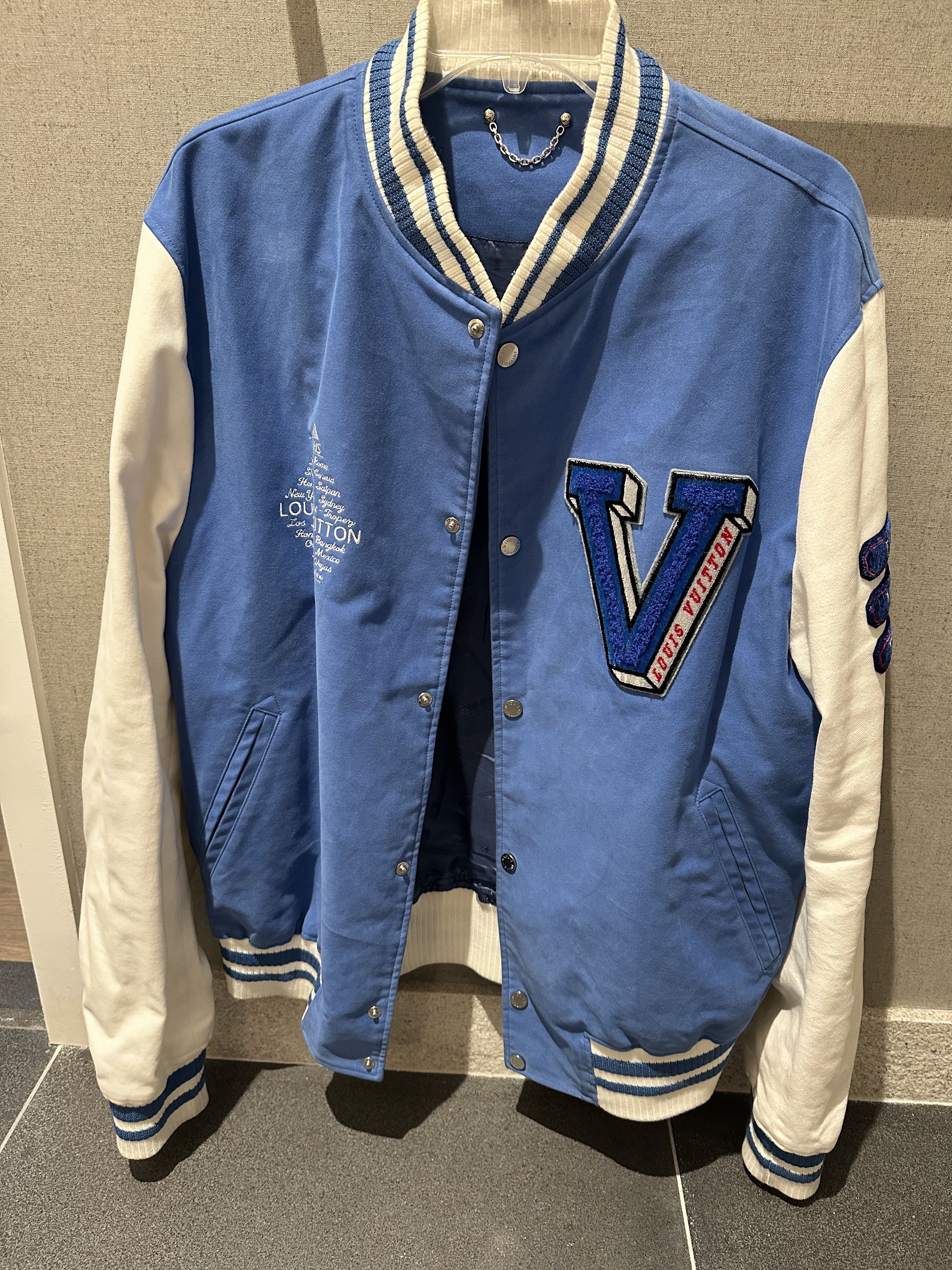 image of Kim Jones x Louis Vuitton Forever Varsity Jacket in Blue/White, Men's (Size Large)