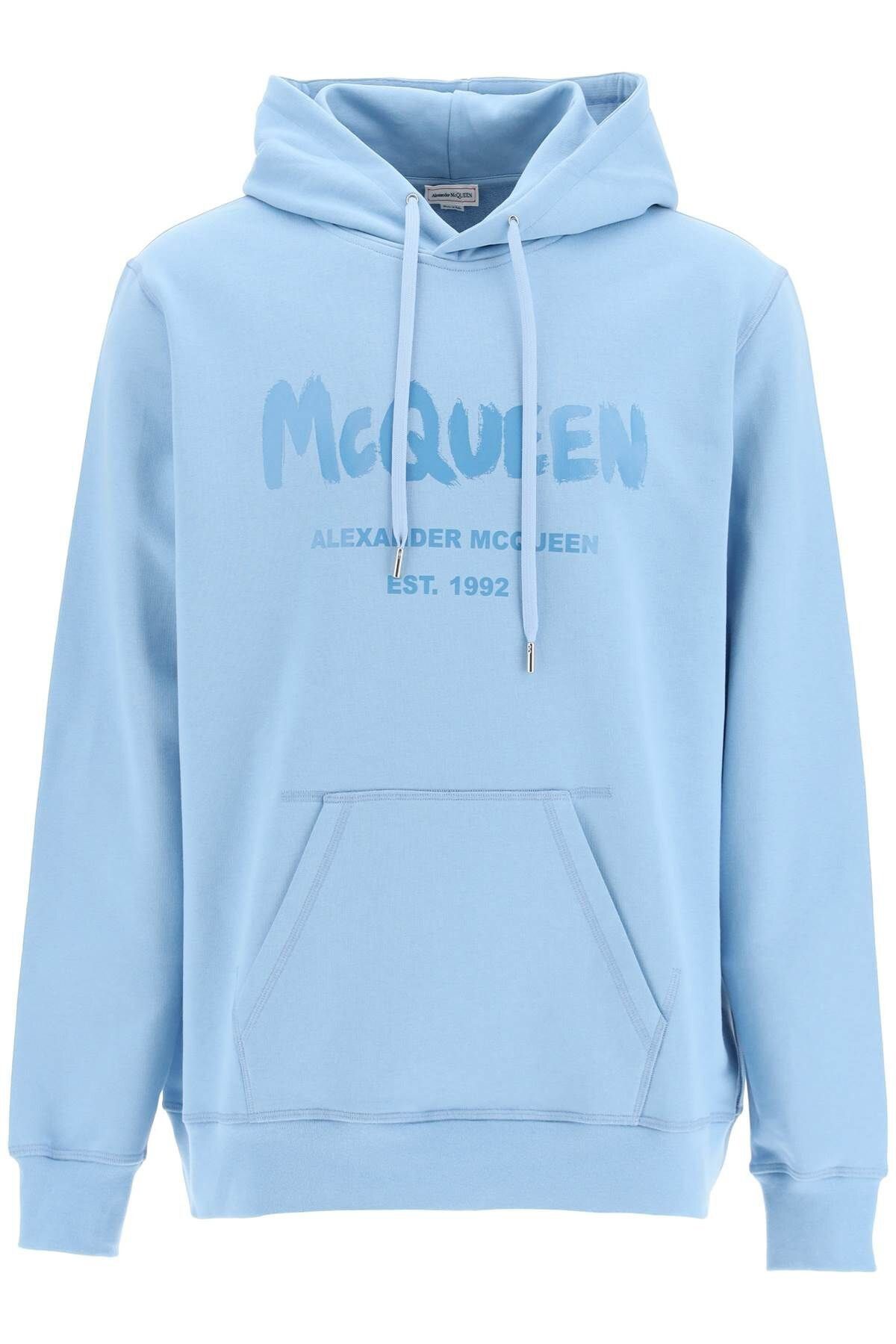 image of Alexander Mcqueen Graffiti Logo Hoodie in Baby Blue, Men's (Size Small)