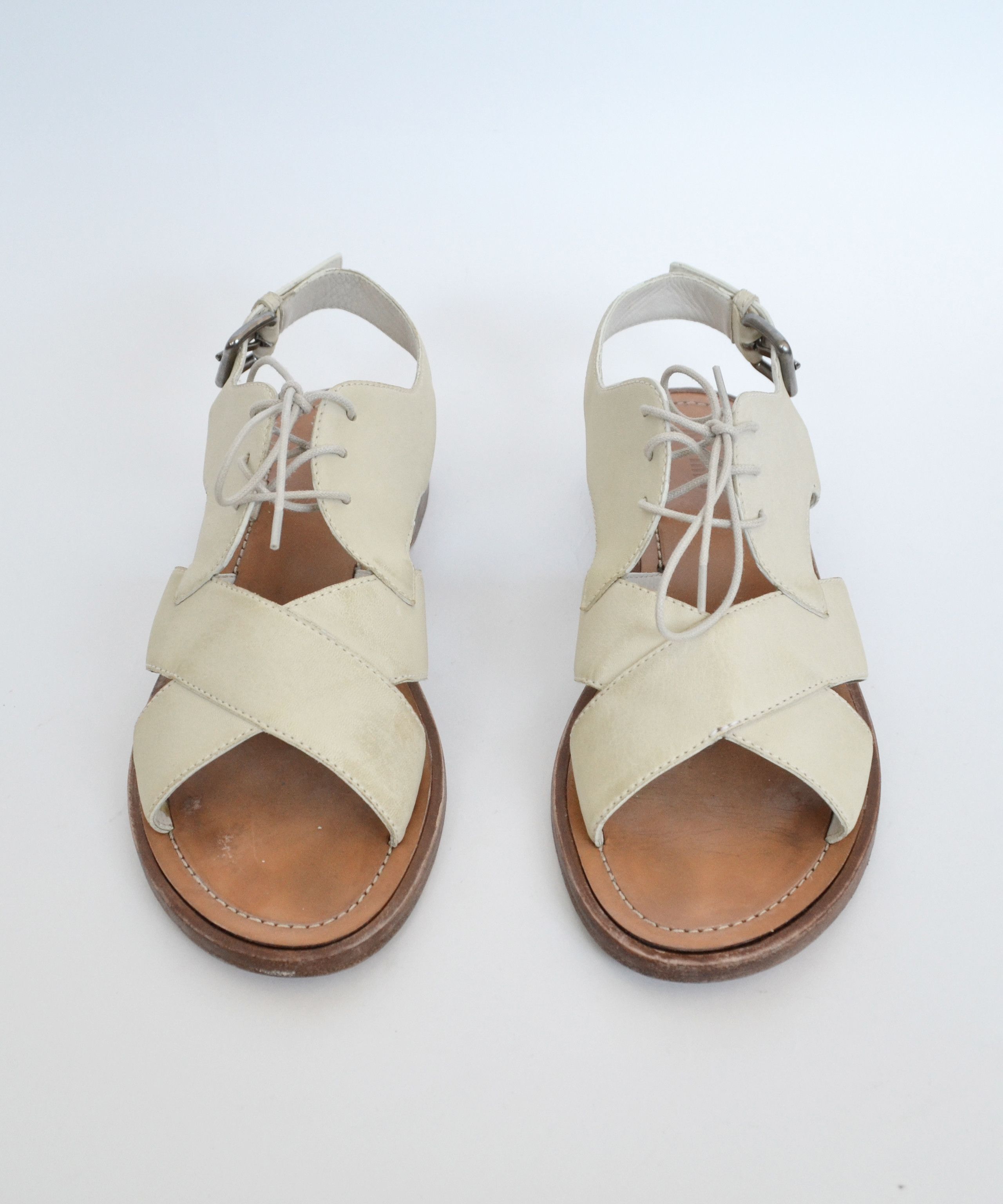 Malibu Sandals x Miu Miu Sandals Cutout Shoes Leather Vintage Lace Ivory in Beige, Women's (Size 8.5)