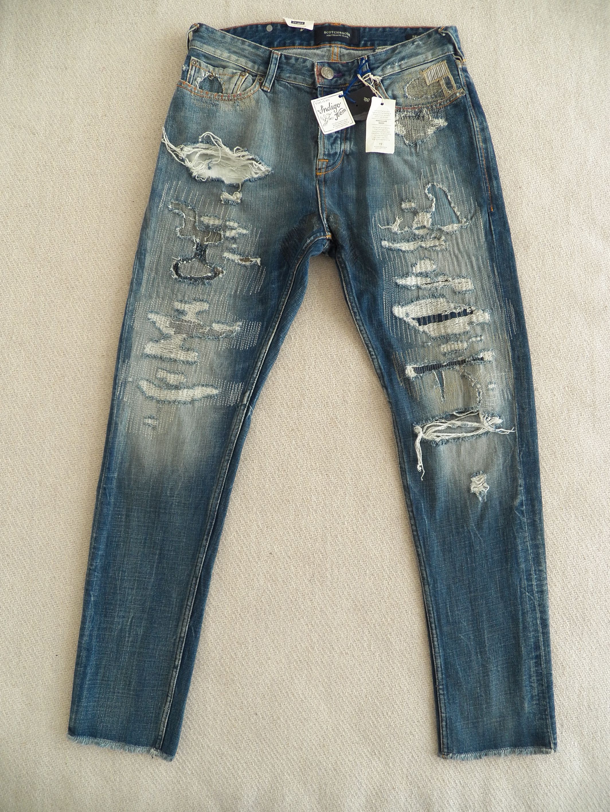 Scotch & Soda Dean Loose Taper JEANS W28 L32 Blue Patchwork Distressed NWT Size US 28 / EU 44 - 1 Thumbnail
