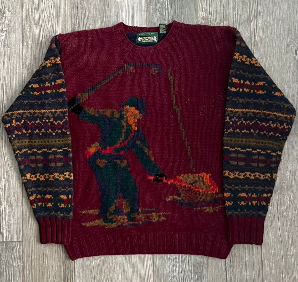 American Eagle Outfitters 1990s American Eagle Hand Knit Rare Vintage  Fishing Sweater