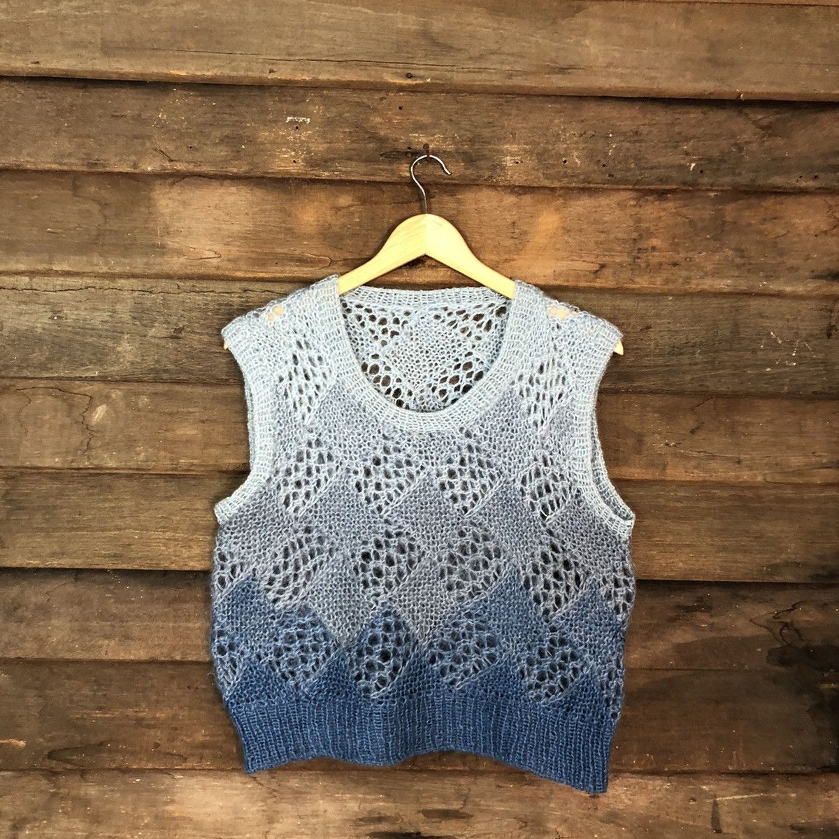 Homespun Knitwear DLL Japan Blue mohair meshnet crochet Knit Vest #c1196 Size US S / EU 44-46 / 1 - 6 Thumbnail