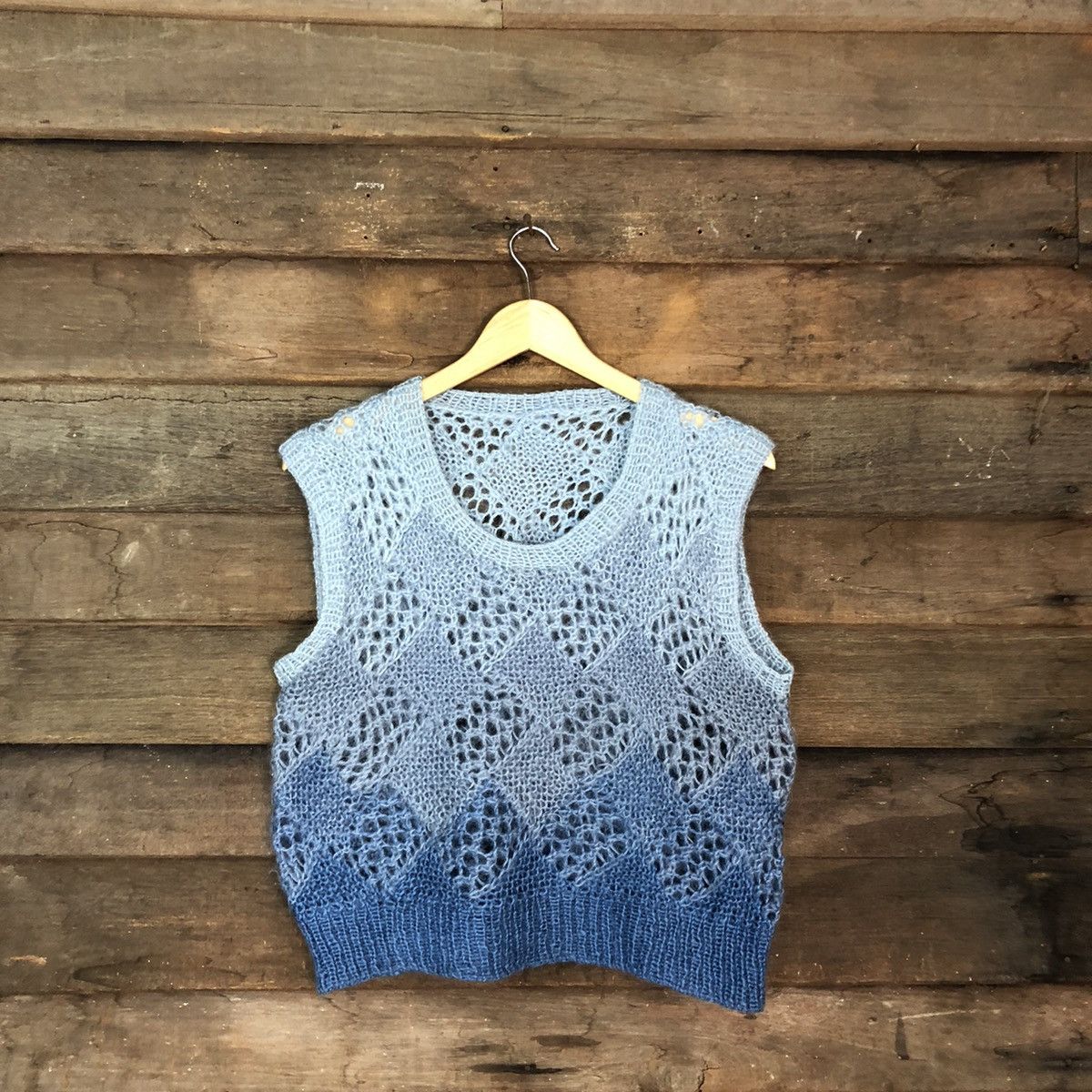 image of Homespun Knitwear Japan Blue Mohair Meshnet Crochet Knit Vest C1196, Men's (Size Small)