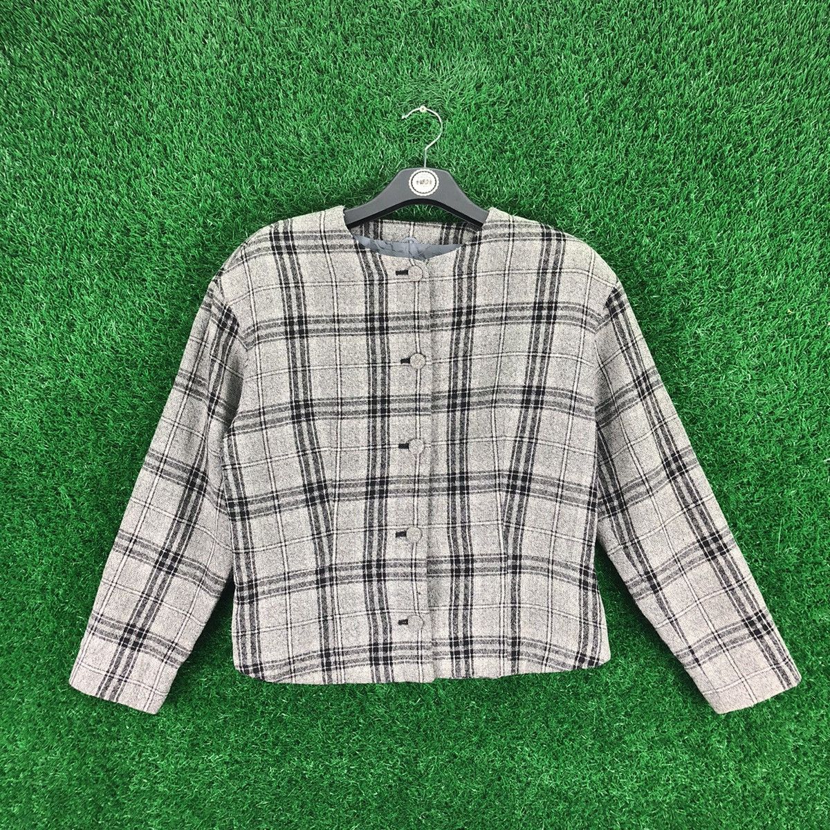 image of Cardigan x Vintage 80's Cardi Coat Women Tartan Check By Ventilo Paris in Grey (Size Small)