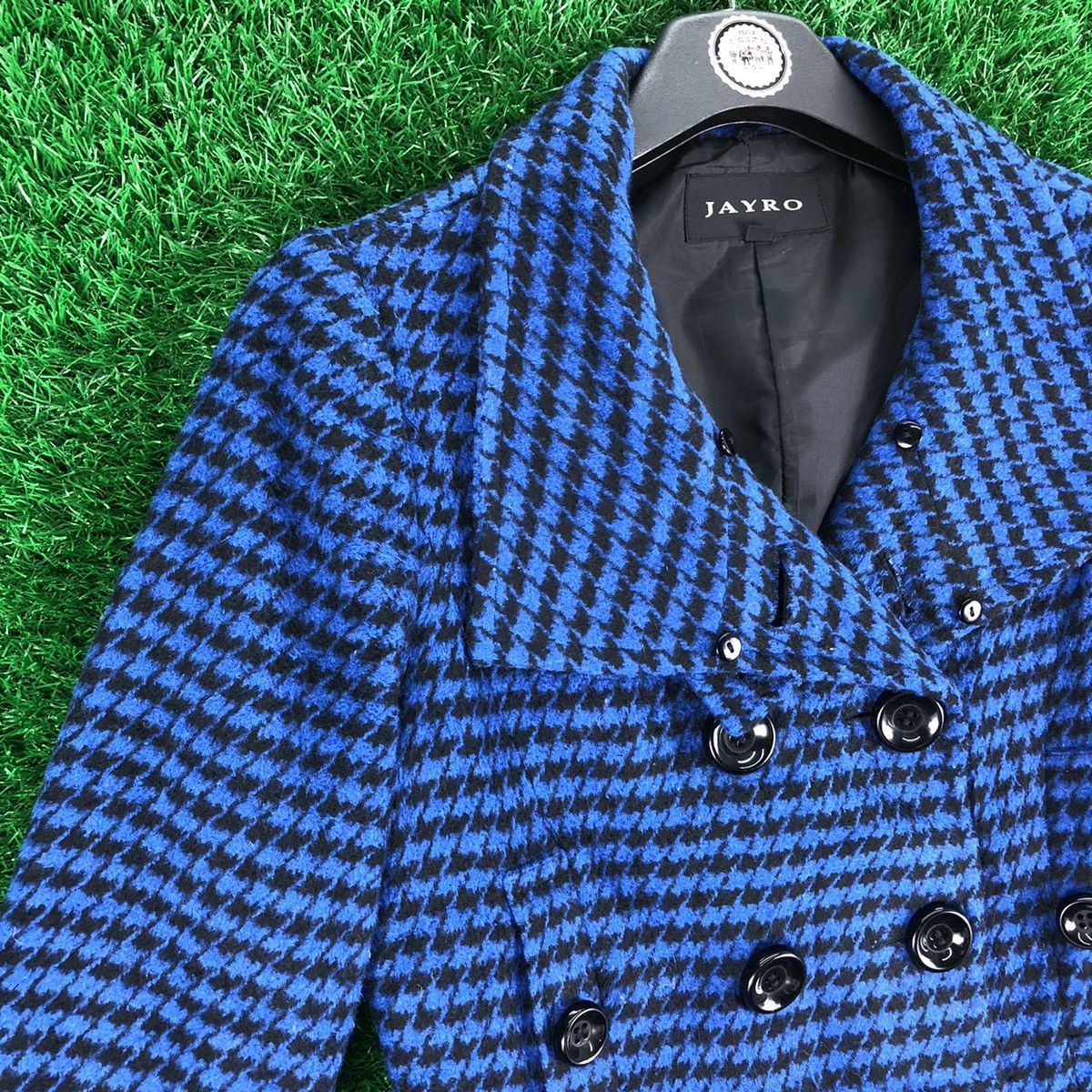 Japanese Brand Vintage Trench Pea Coat Women Blue Houndstooth by Jayro Size XS / US 0-2 / IT 36-38 - 2 Thumbnail